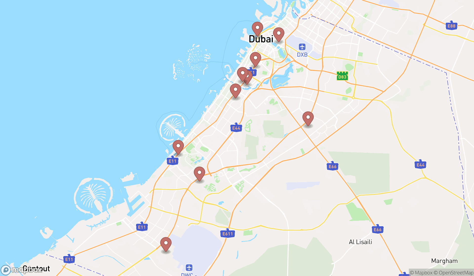 Map showing the ranked design agencies in Dubai, Dubai