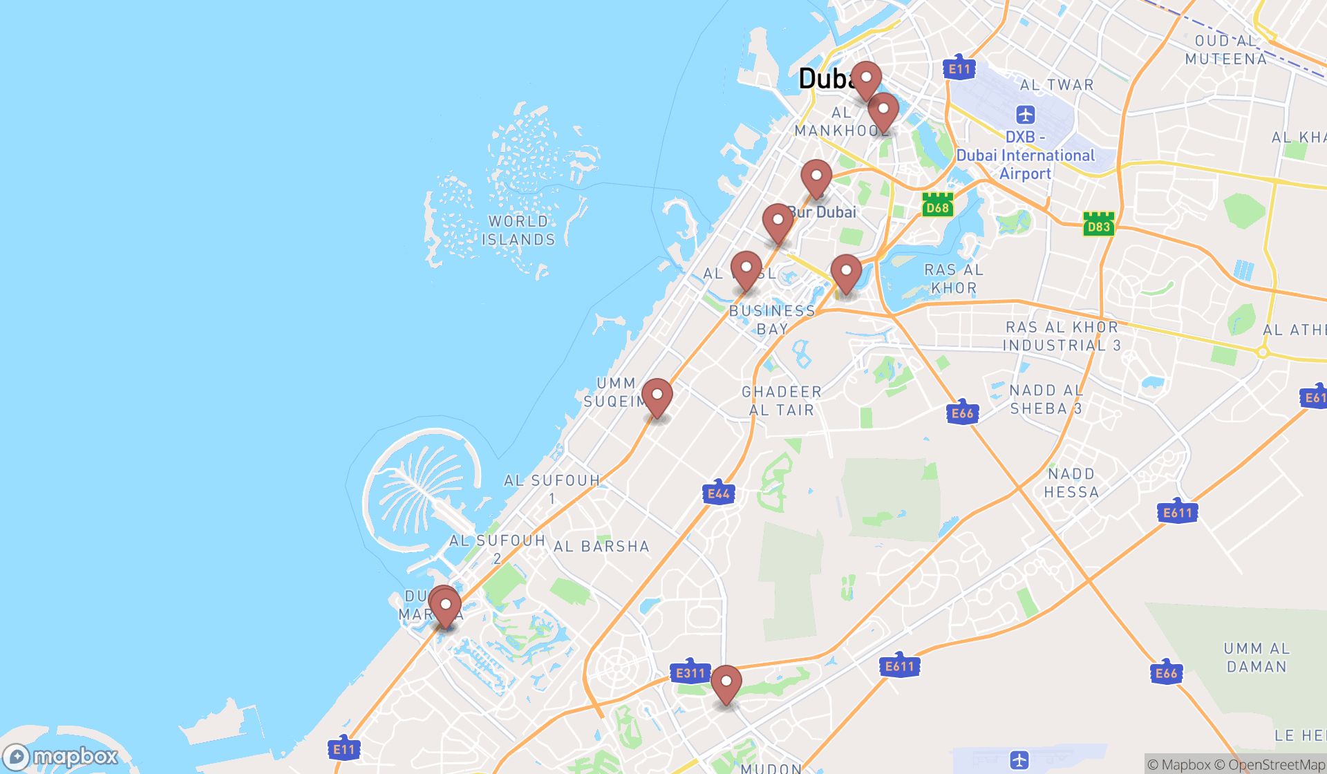 Map showing the ranked design institutes in Dubai, Dubai