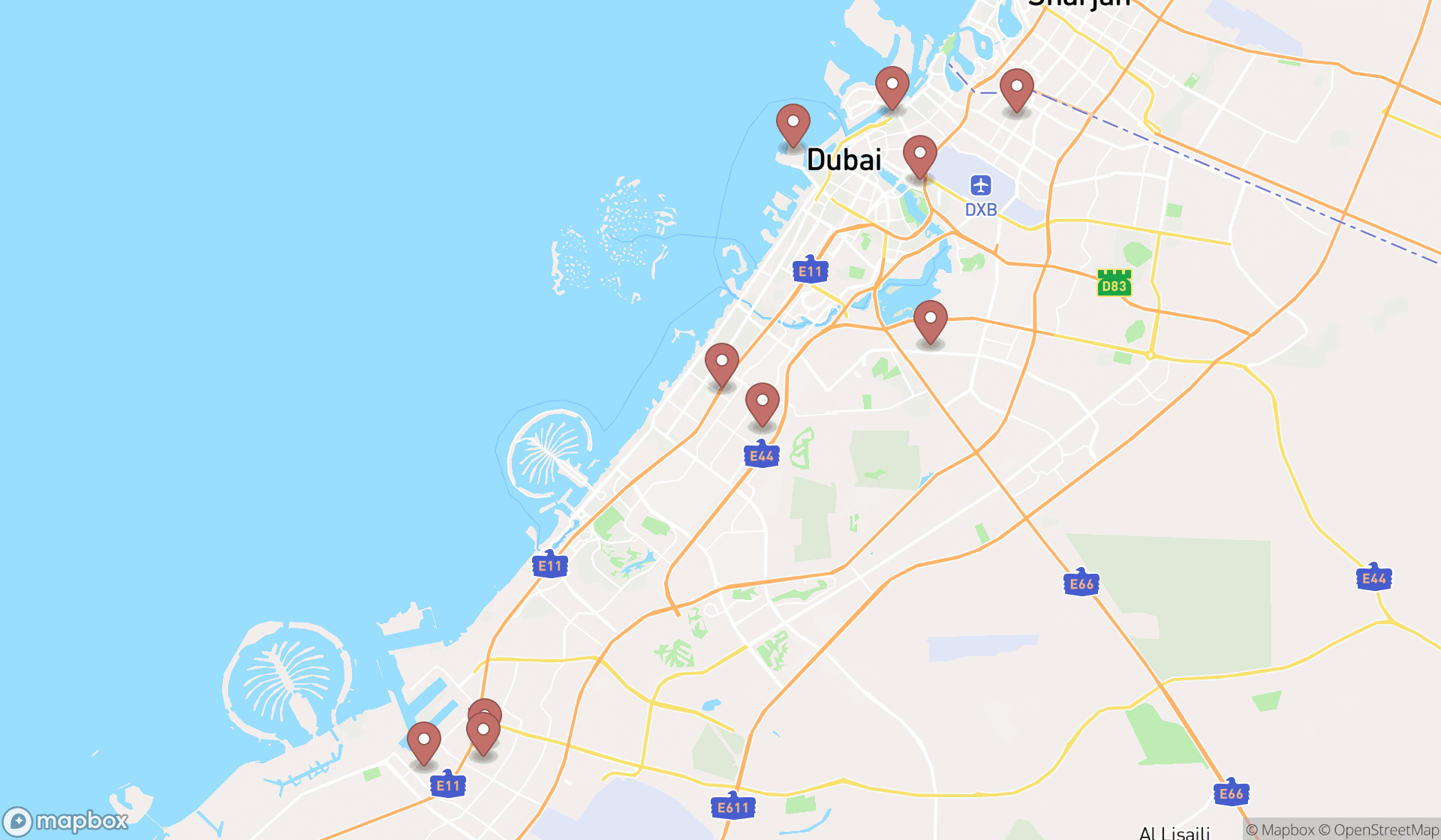 Map showing the ranked diesel engine dealers in Dubai, Dubai
