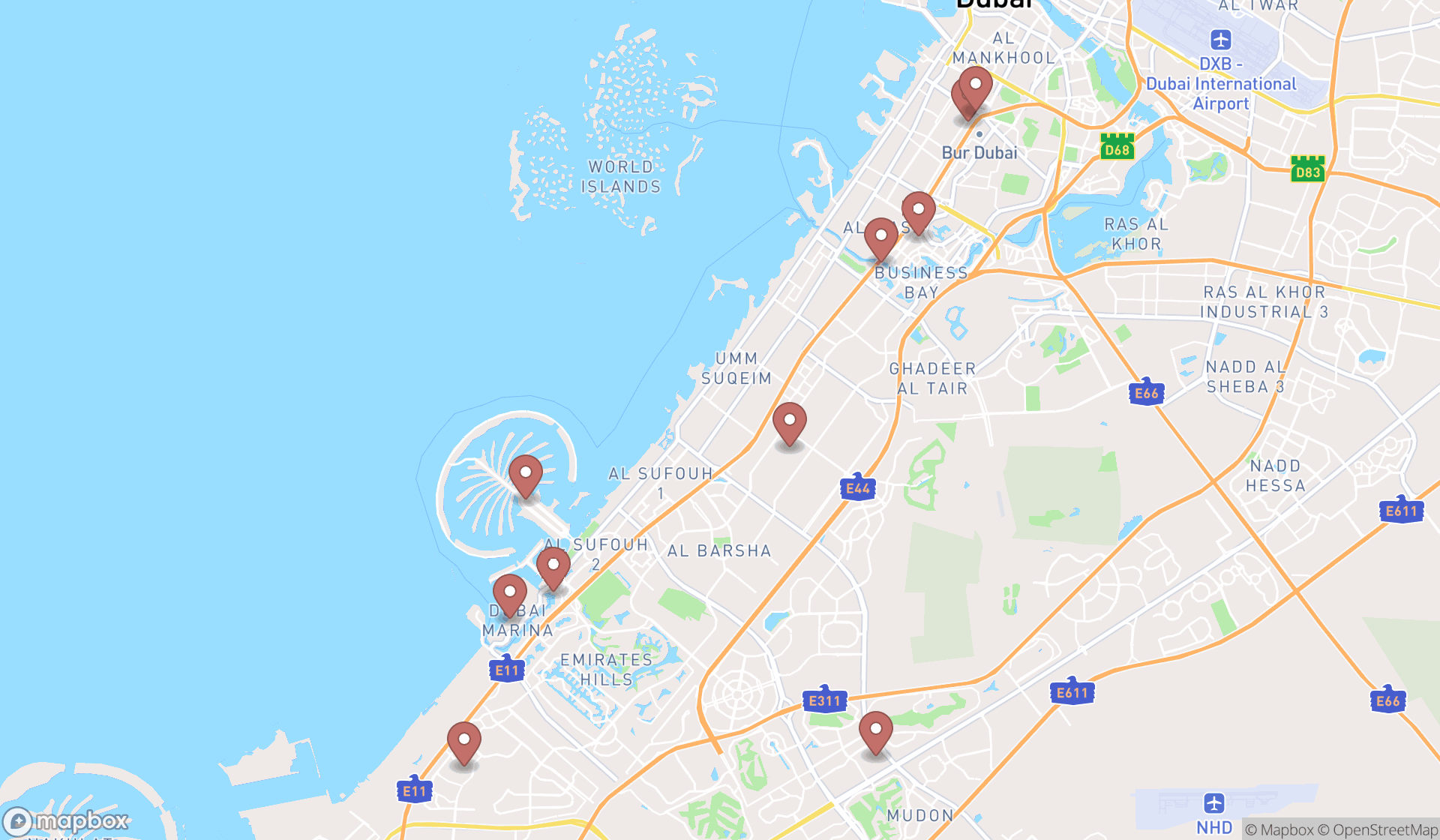 Map showing the ranked dinner theaters in Dubai, Dubai