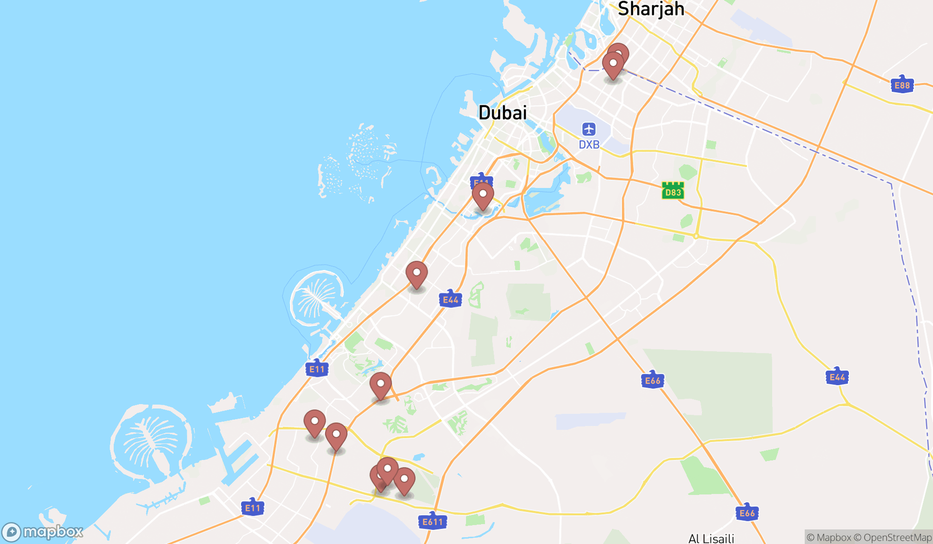 Map showing the ranked display stand manufacturers in Dubai, Dubai
