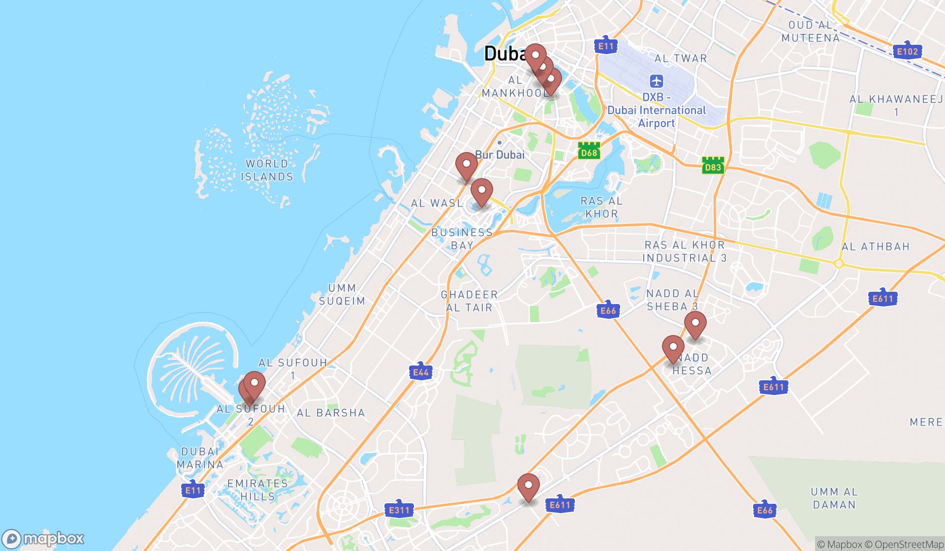 Map showing the ranked distance learning centers in Dubai, Dubai