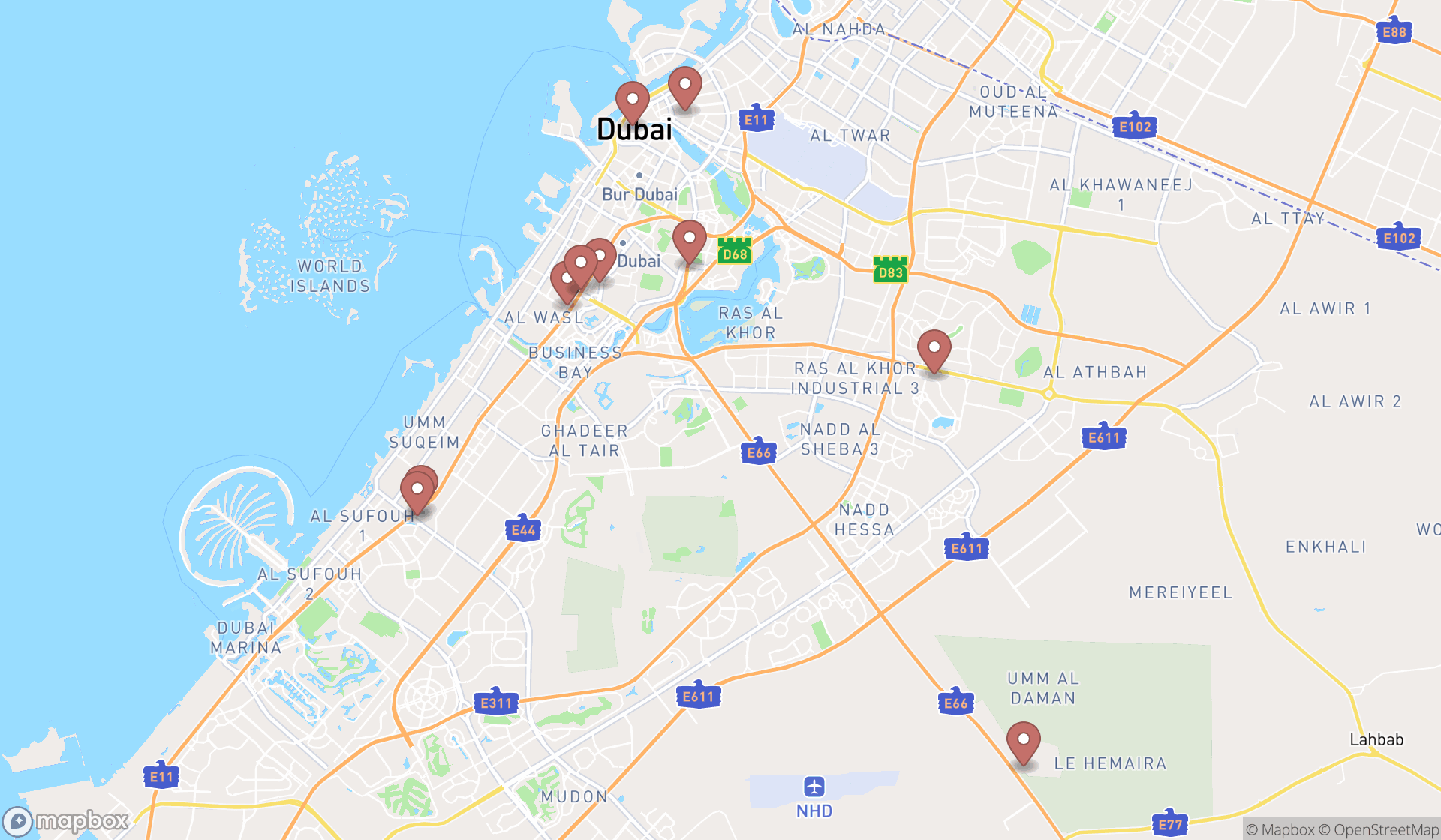 Map showing the ranked district government offices in Dubai, Dubai