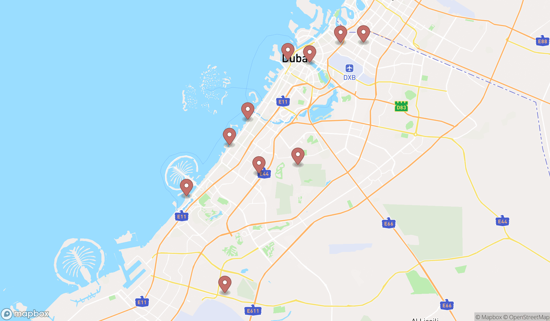 Map showing the ranked dive shops in Dubai, Dubai