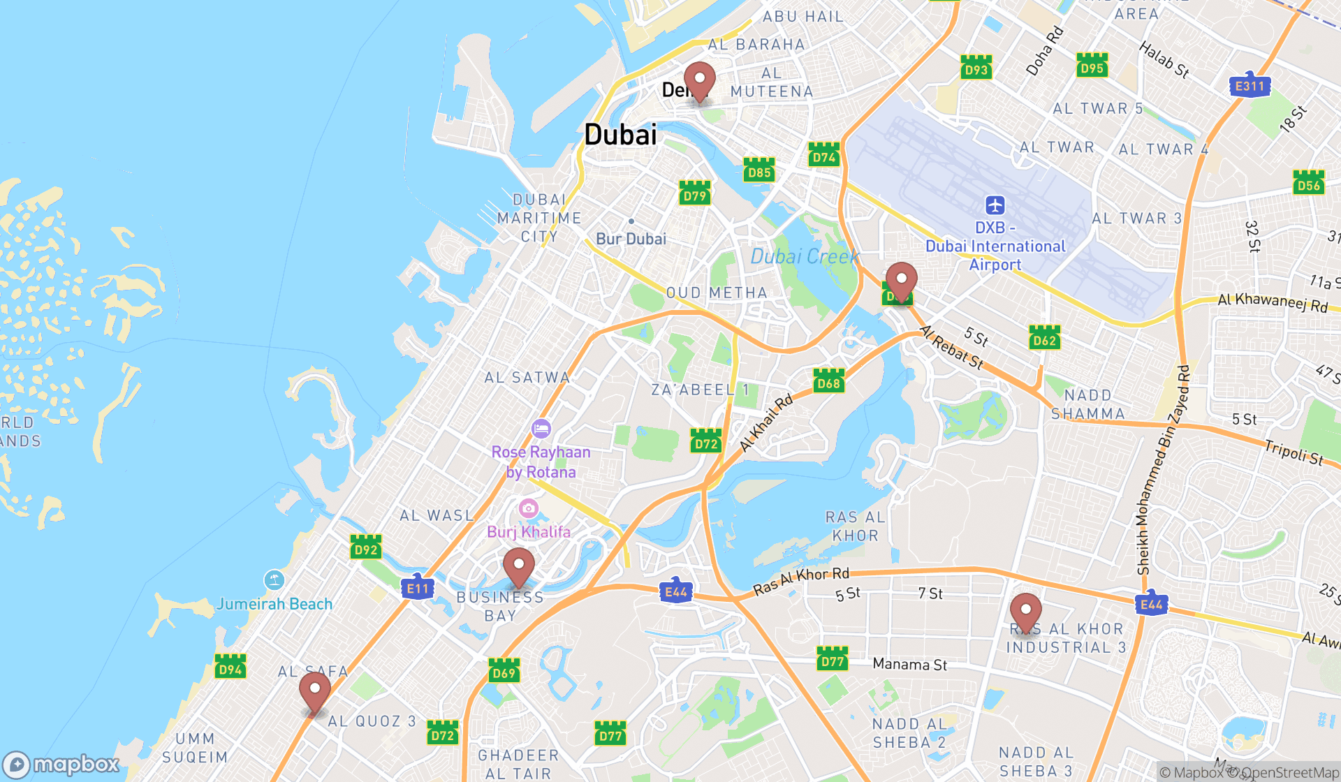 Map showing the ranked dodge dealers in Dubai, Dubai