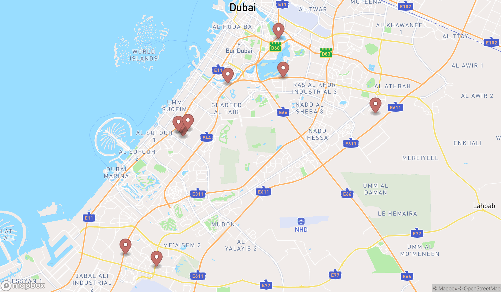 Map showing the ranked dog day care centers in Dubai, Dubai