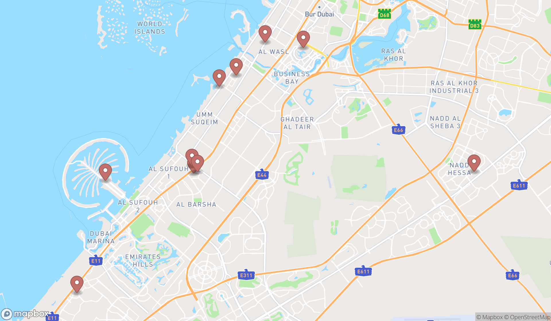 Map showing the ranked donut shops in Dubai, Dubai