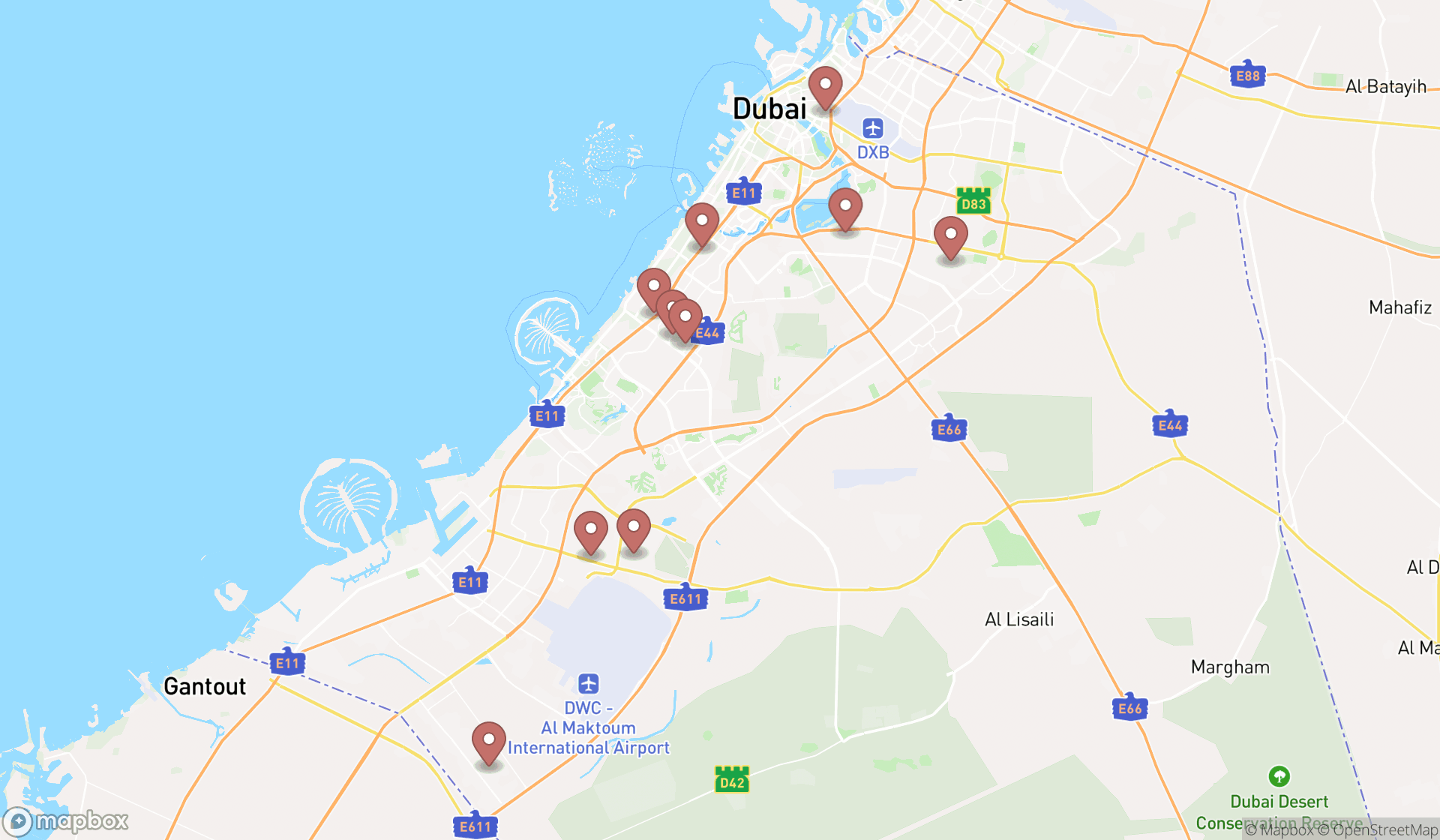 Map showing the ranked door suppliers in Dubai, Dubai