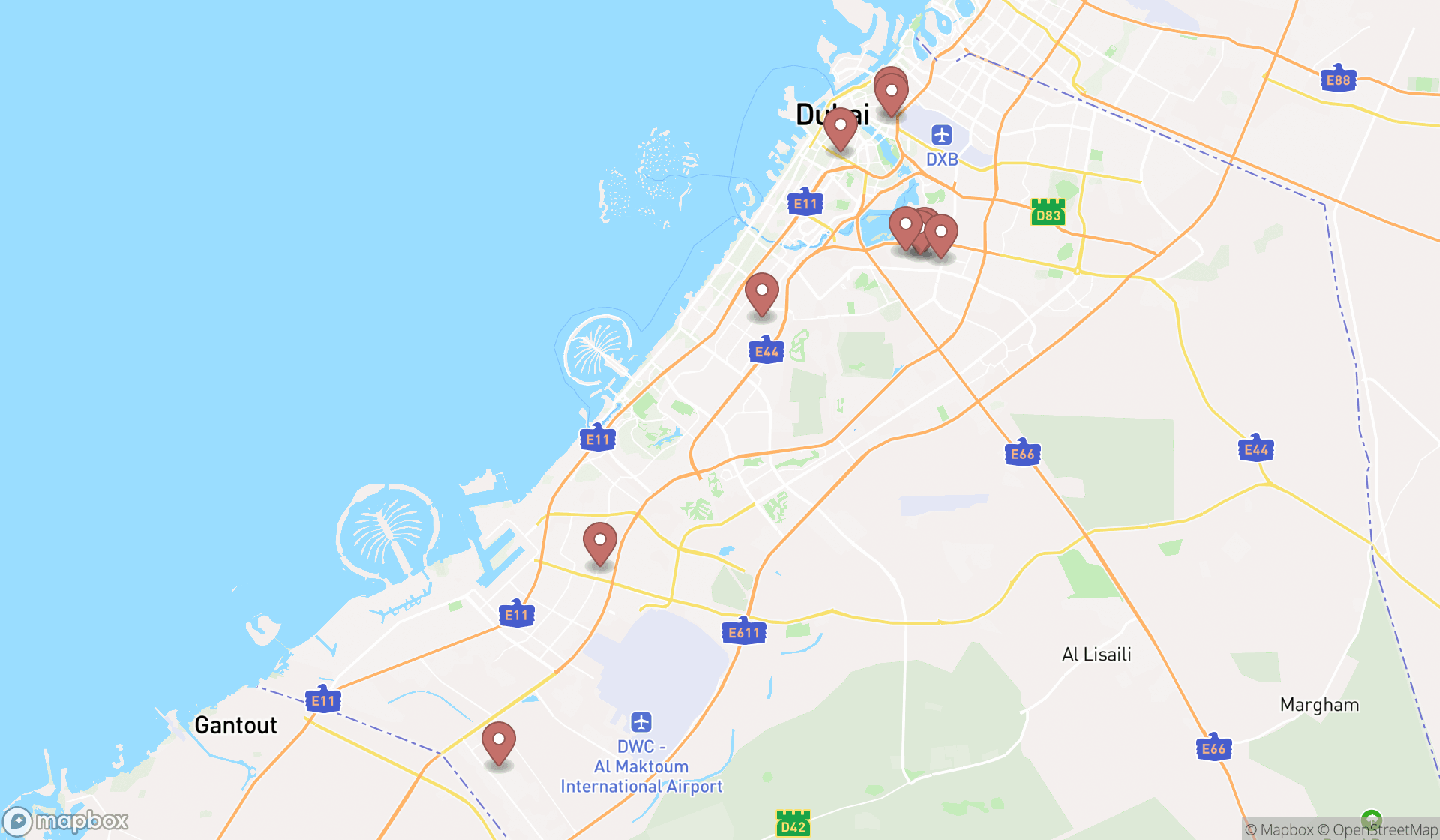 Map showing the ranked door warehouses in Dubai, Dubai