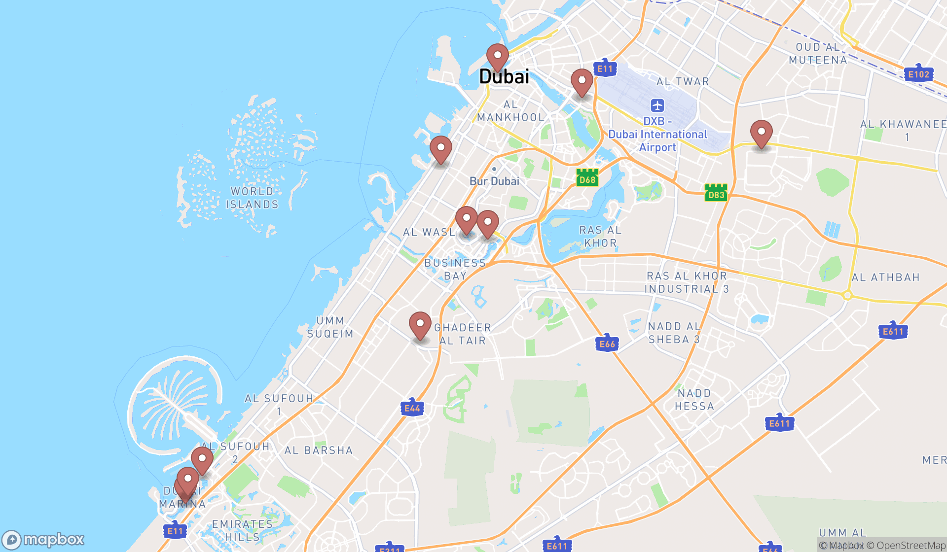Map showing the ranked drinking water fountains in Dubai, Dubai