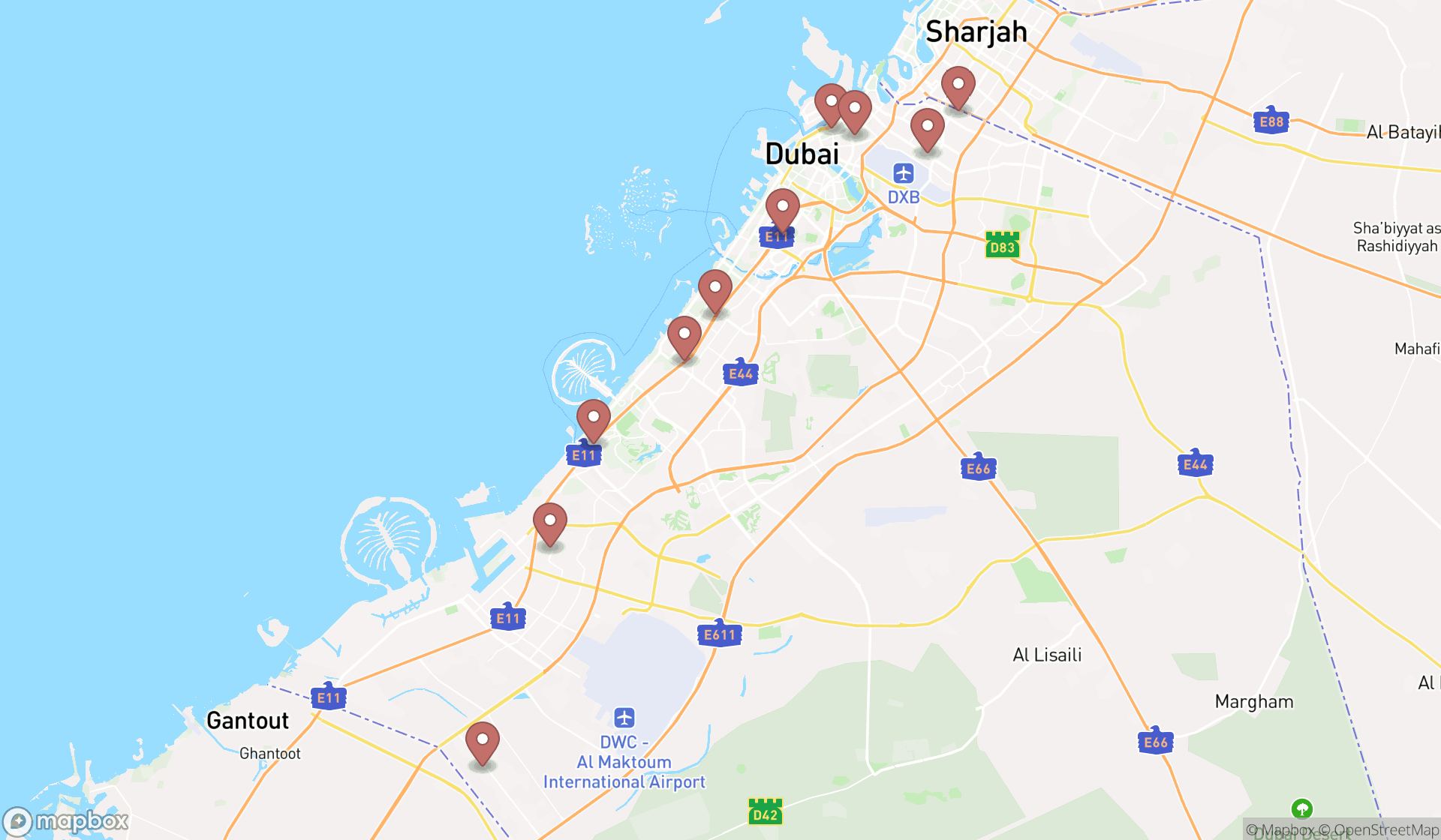 Map showing the ranked driver's license offices in Dubai, Dubai