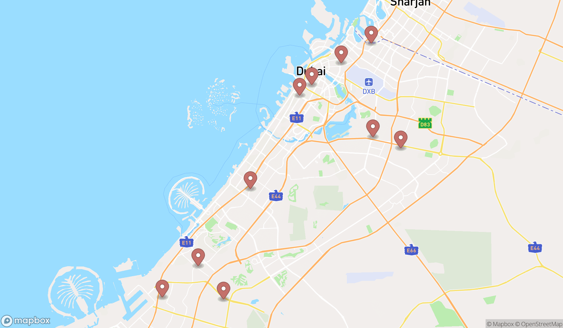 Map showing the ranked drivers license training schools in Dubai, Dubai