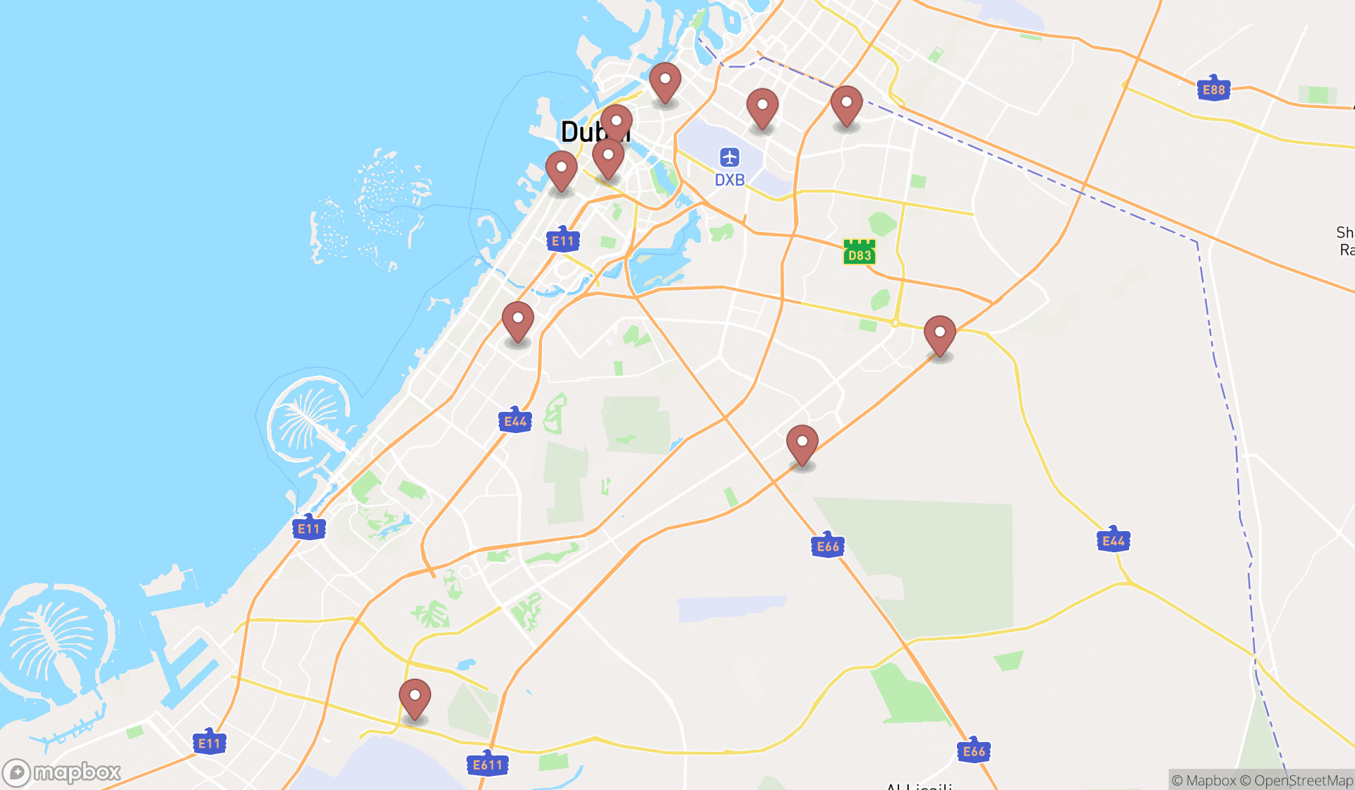 Map showing the ranked driving test centers in Dubai, Dubai