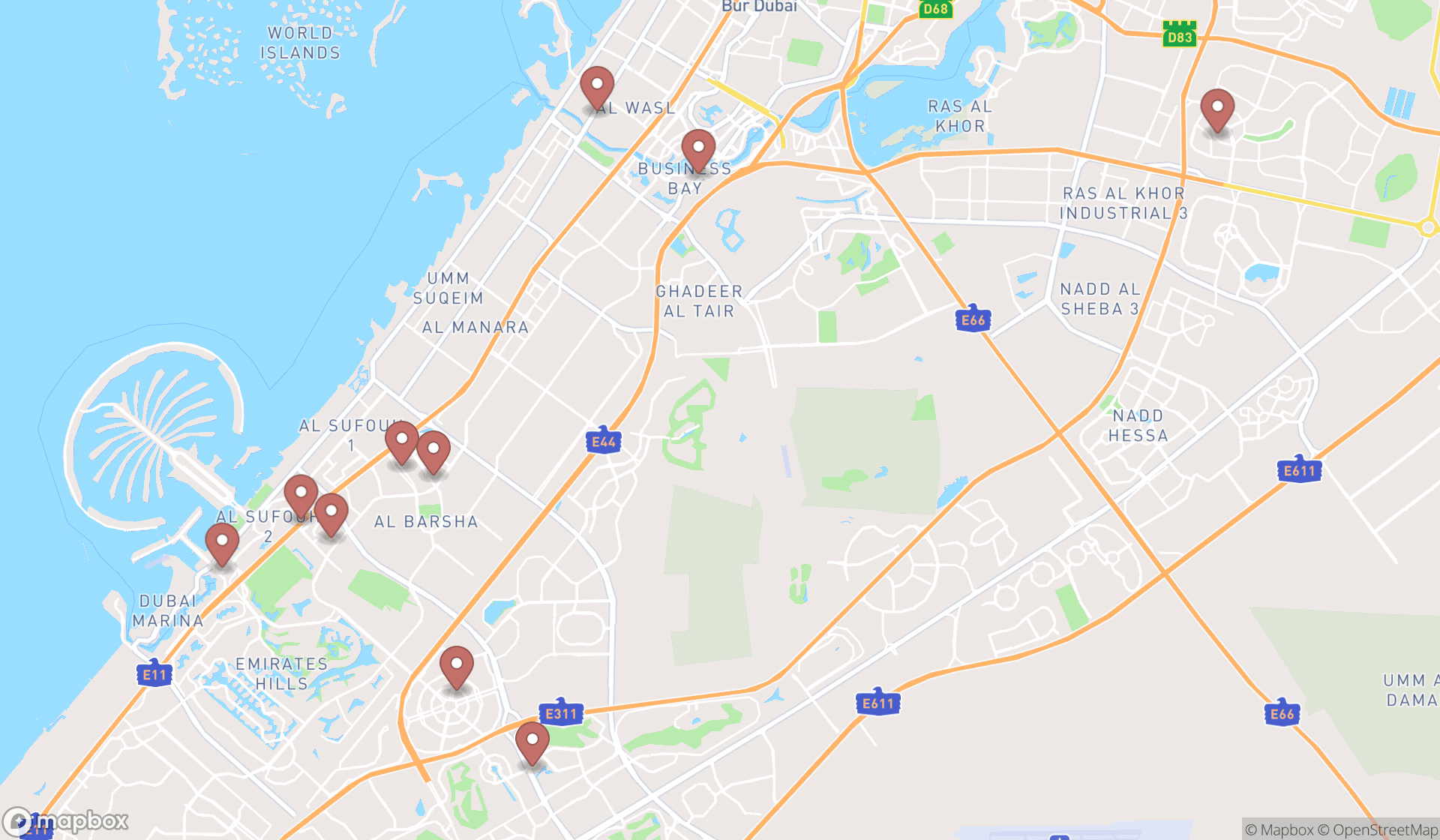 Map showing the ranked dry cleaners in Dubai, Dubai