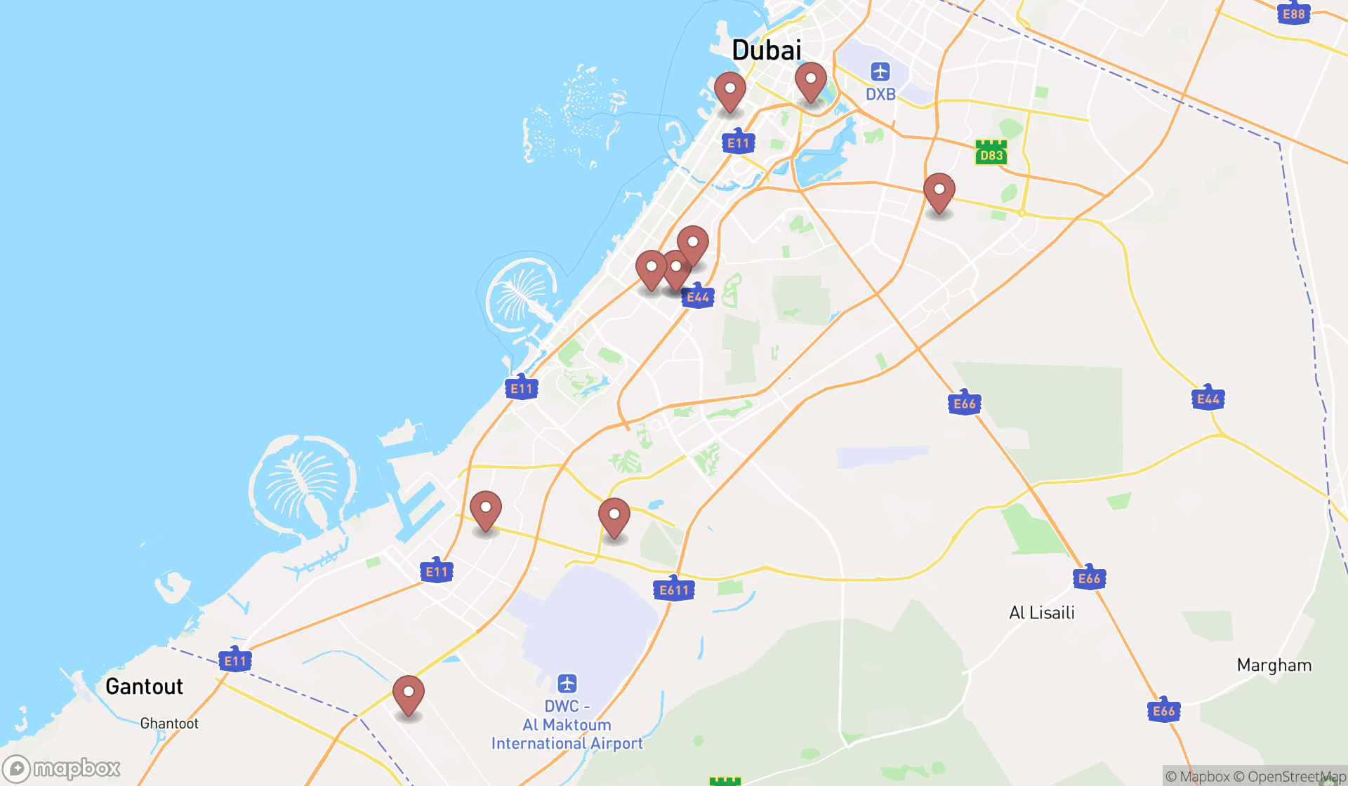 Map showing the ranked dry ice suppliers in Dubai, Dubai