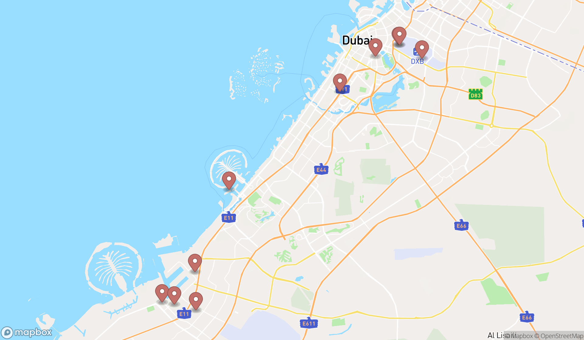 Map showing the ranked duty free stores in Dubai, Dubai