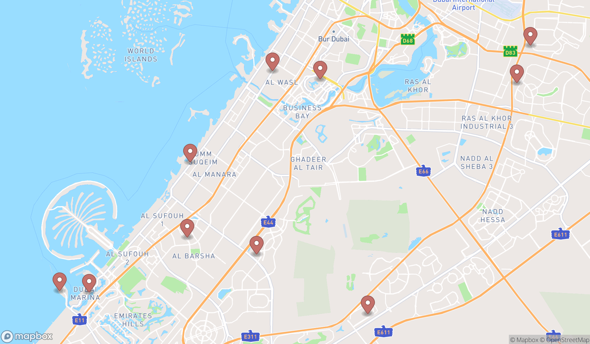 Map showing the ranked eastern european restaurants in Dubai, Dubai