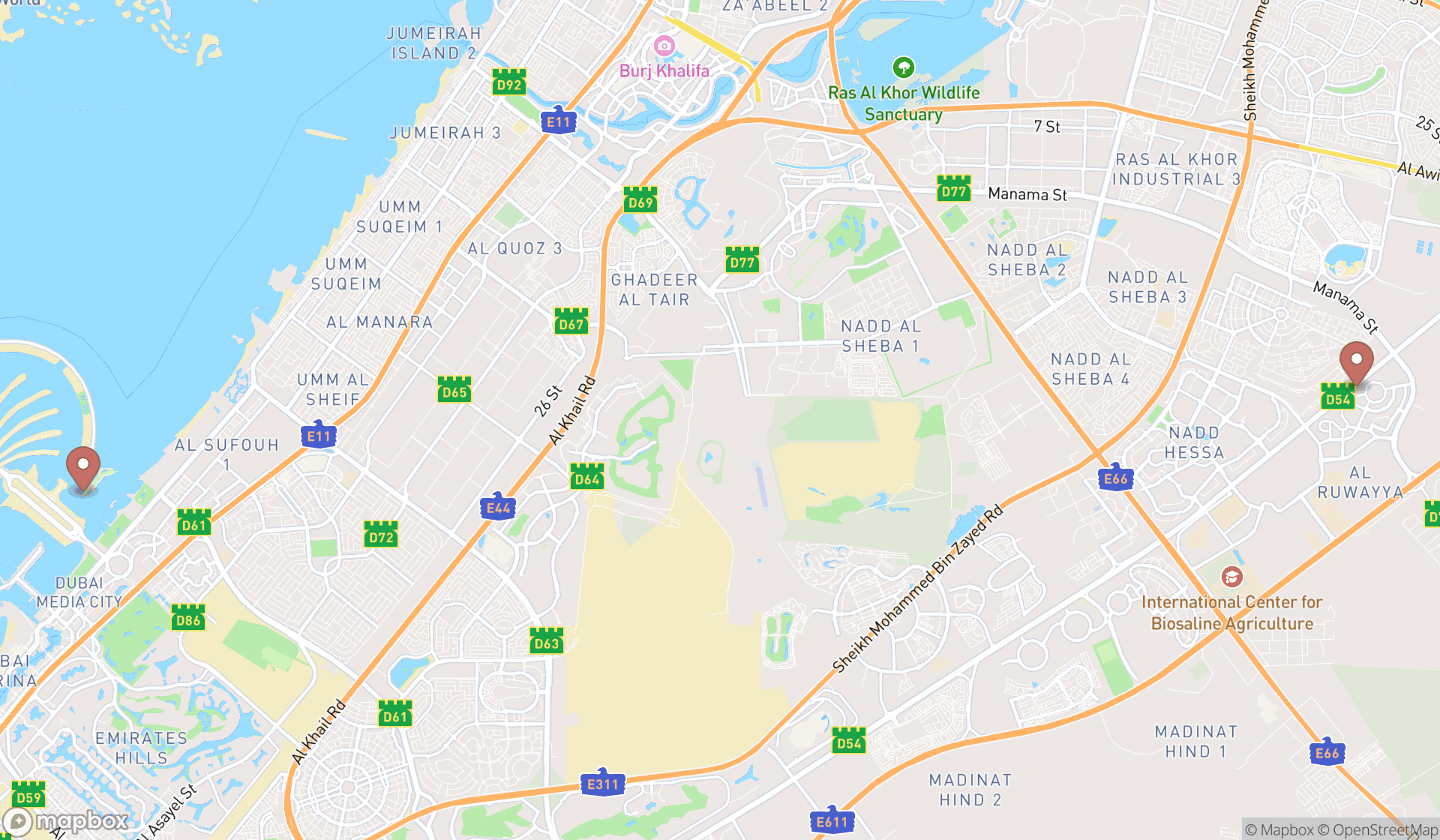 Map showing the ranked ecological parks in Dubai, Dubai