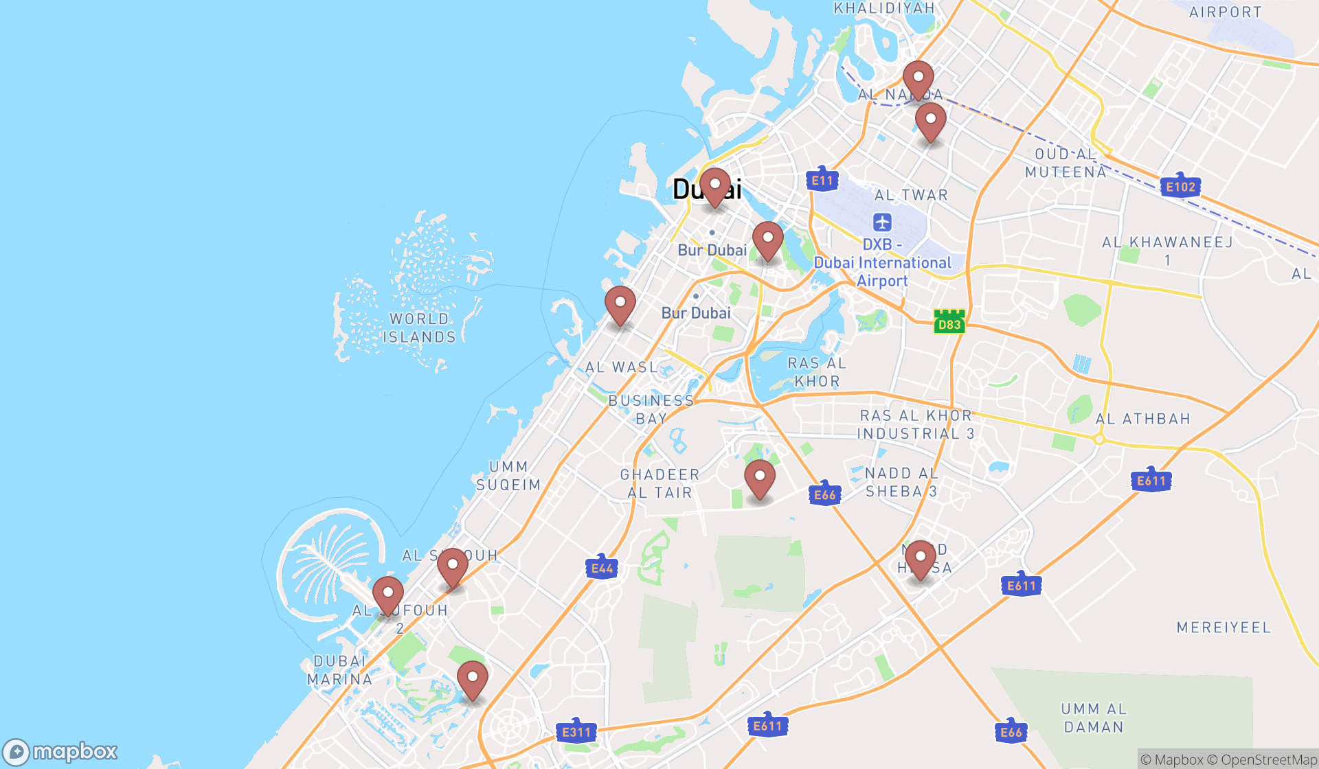 Map showing the ranked education centers in Dubai, Dubai