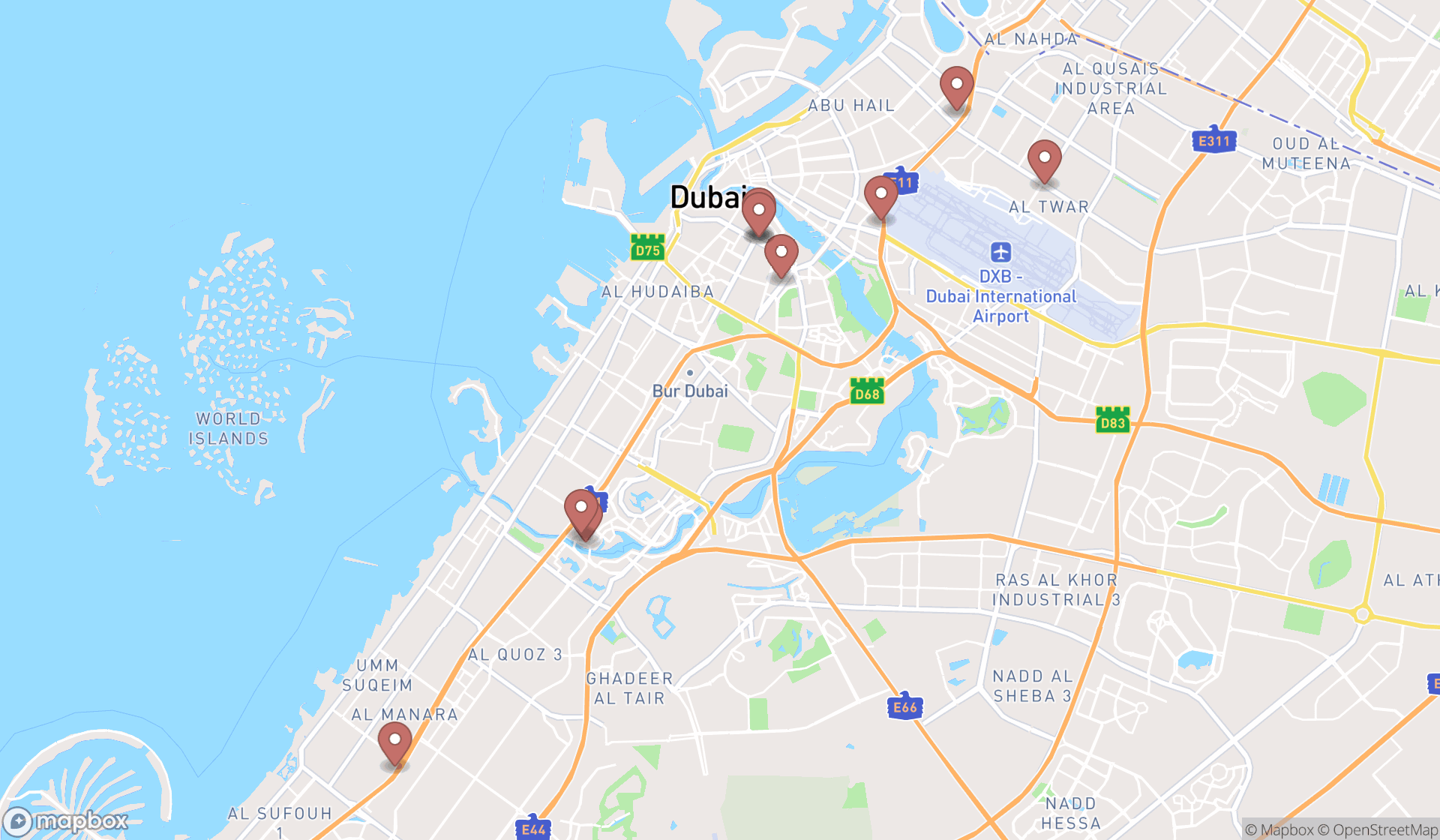Map showing the ranked educational institutions in Dubai, Dubai