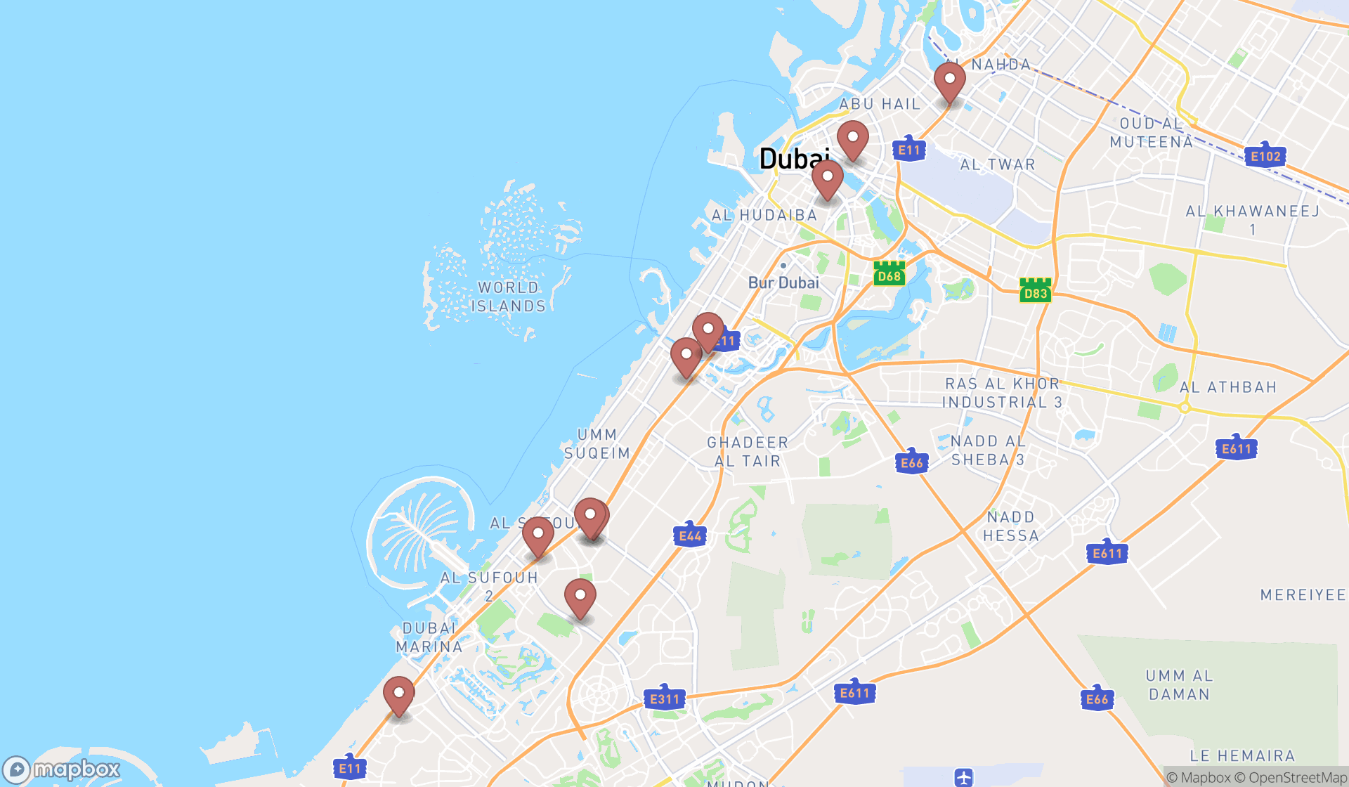 Map showing the ranked egyptian restaurants in Dubai, Dubai