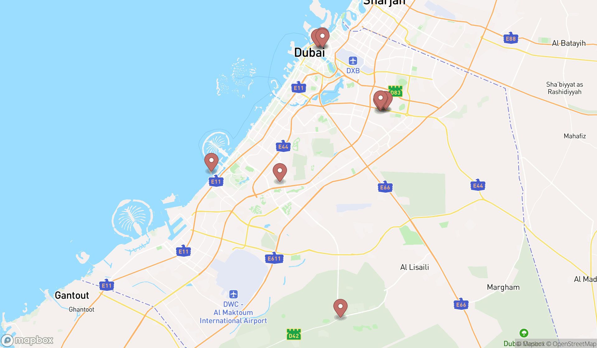 Map showing the ranked electric bicycle stores in Dubai, Dubai