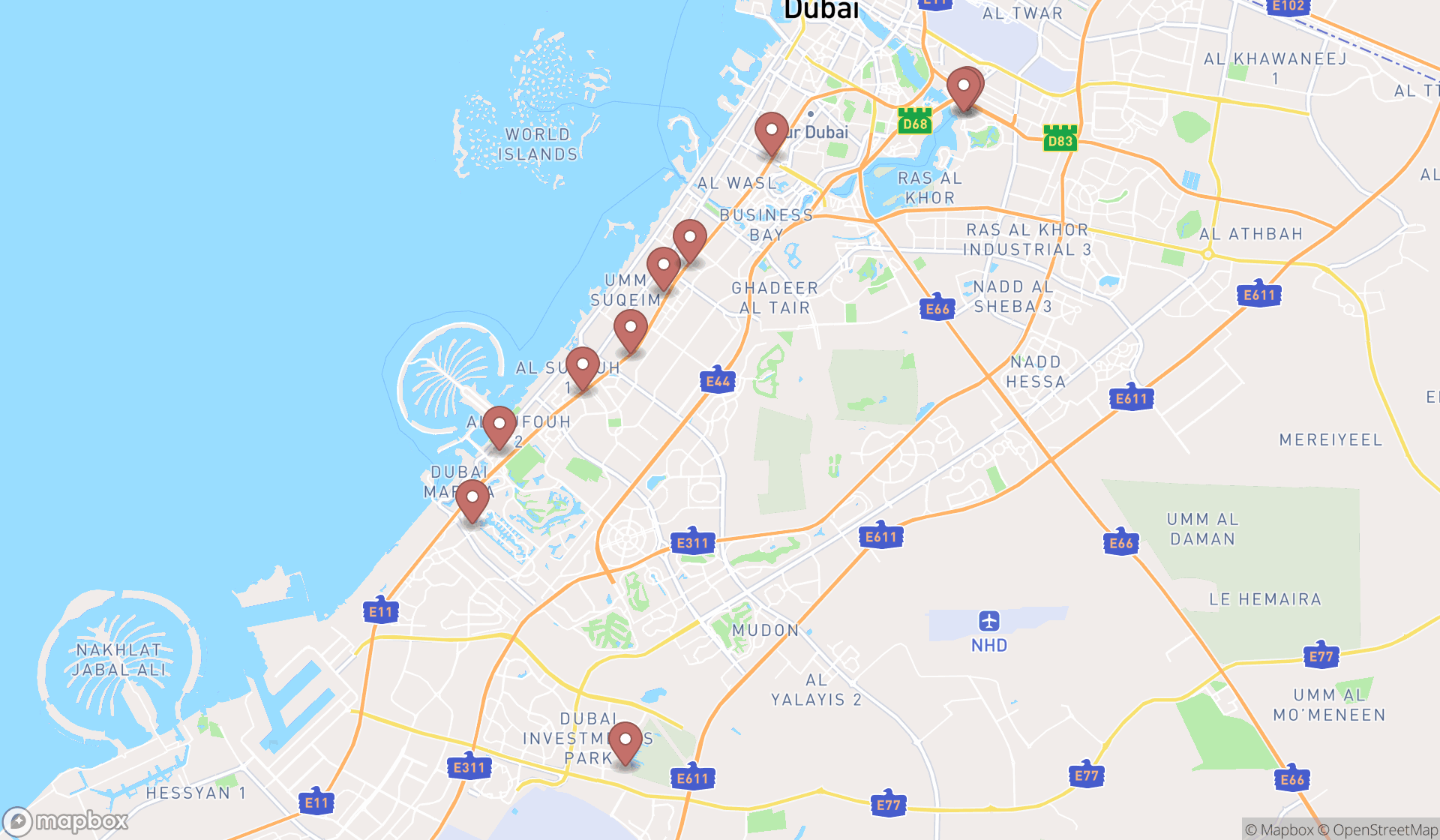 Map showing the ranked electric motor vehicle dealers in Dubai, Dubai