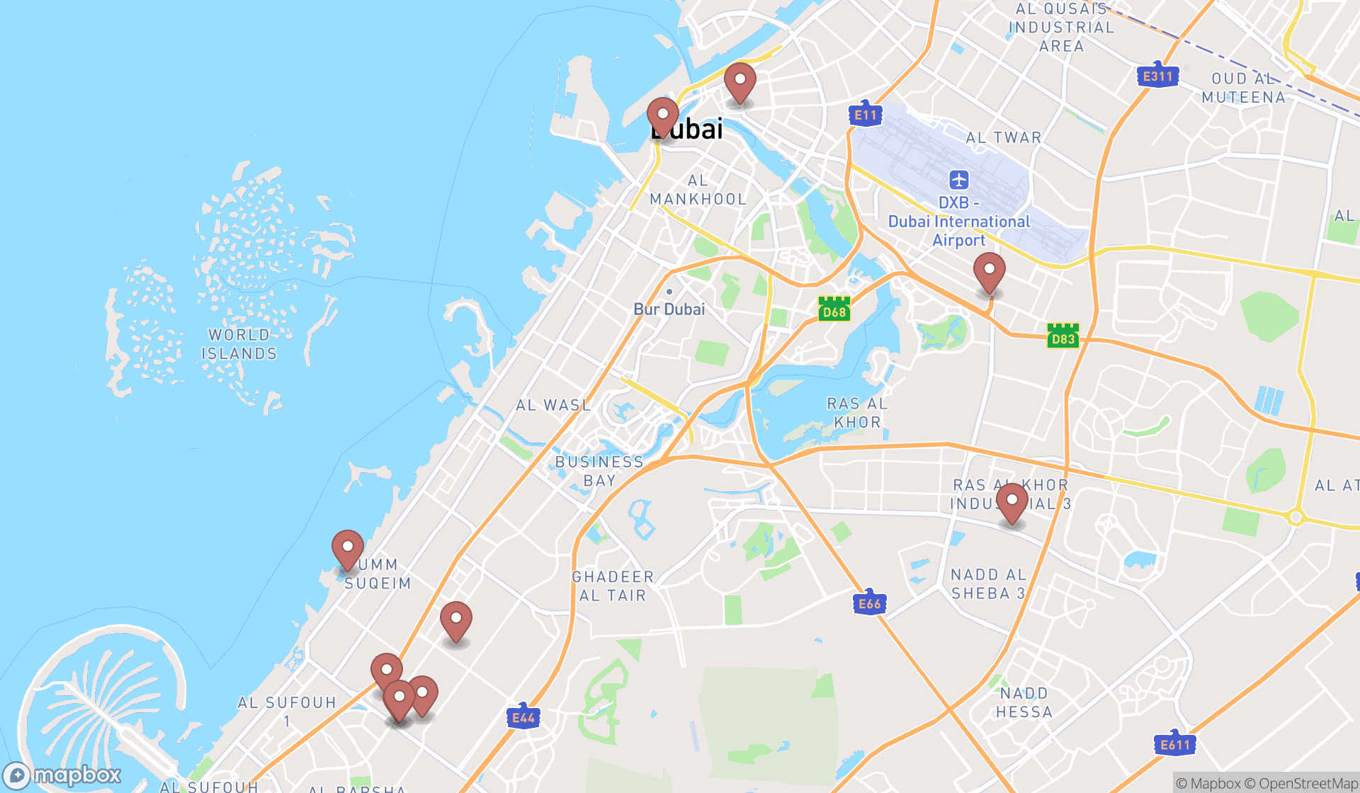 Map showing the ranked electric motorcycle dealers in Dubai, Dubai