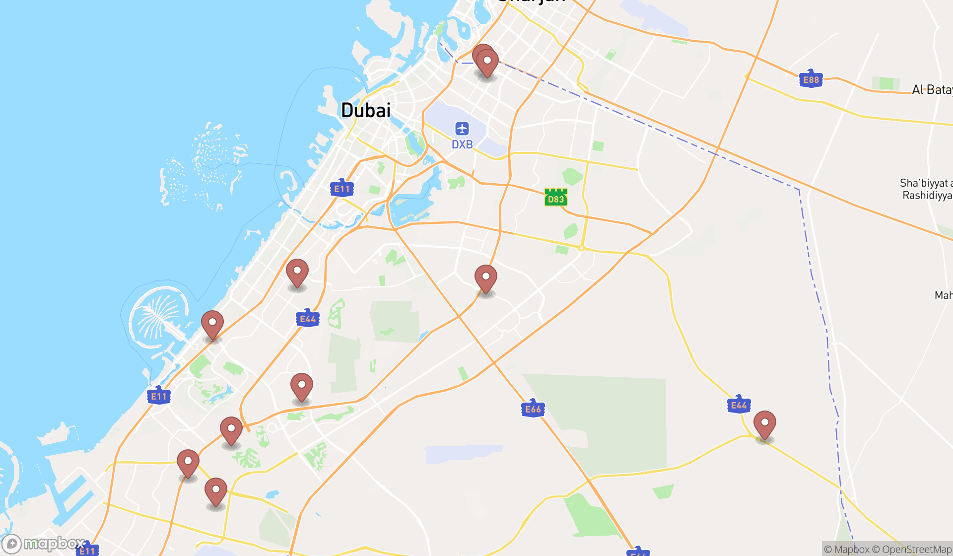 Map showing the ranked electric vehicle charging station contractors in Dubai, Dubai
