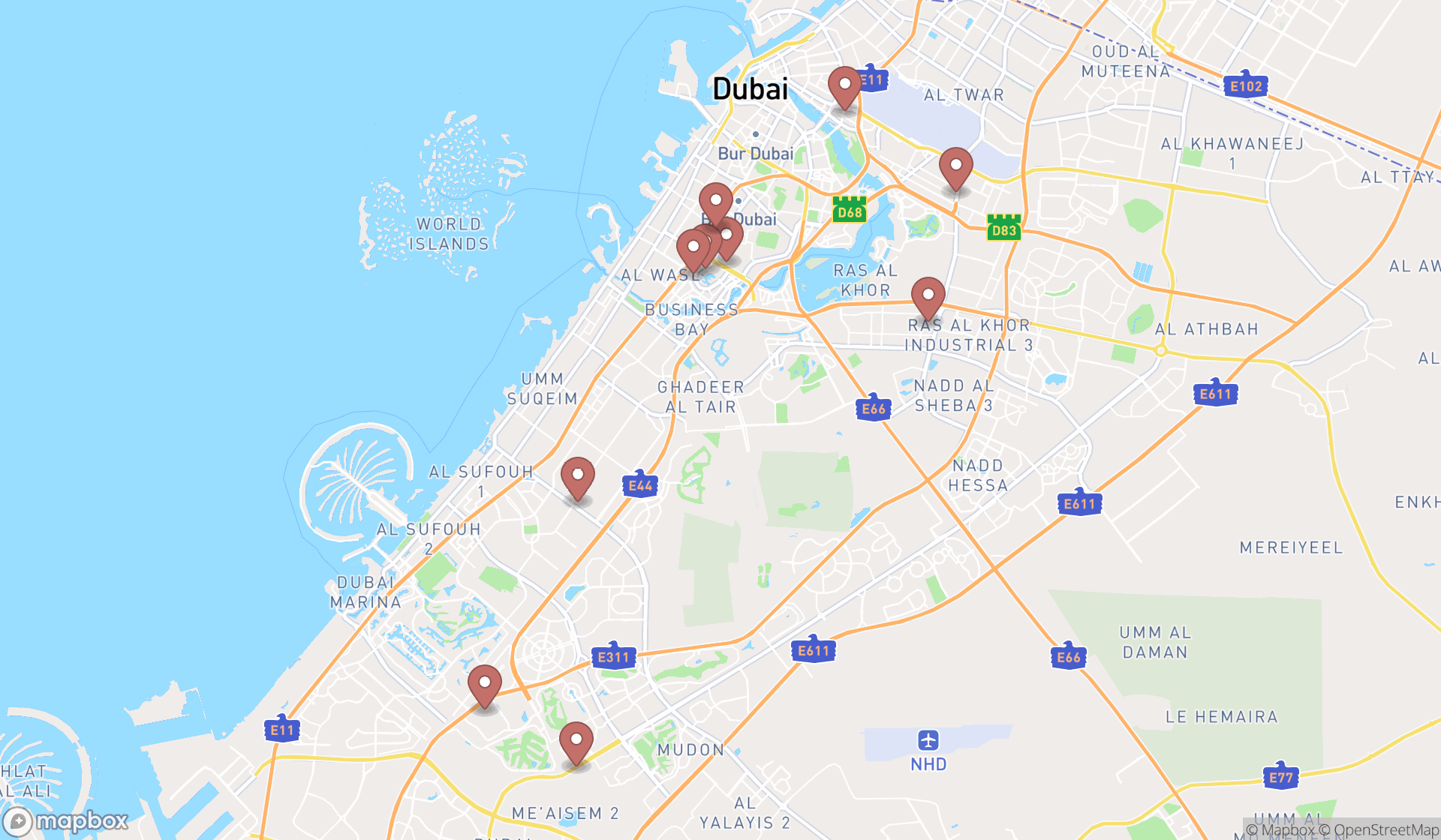 Map showing the ranked electric vehicle charging stations in Dubai, Dubai