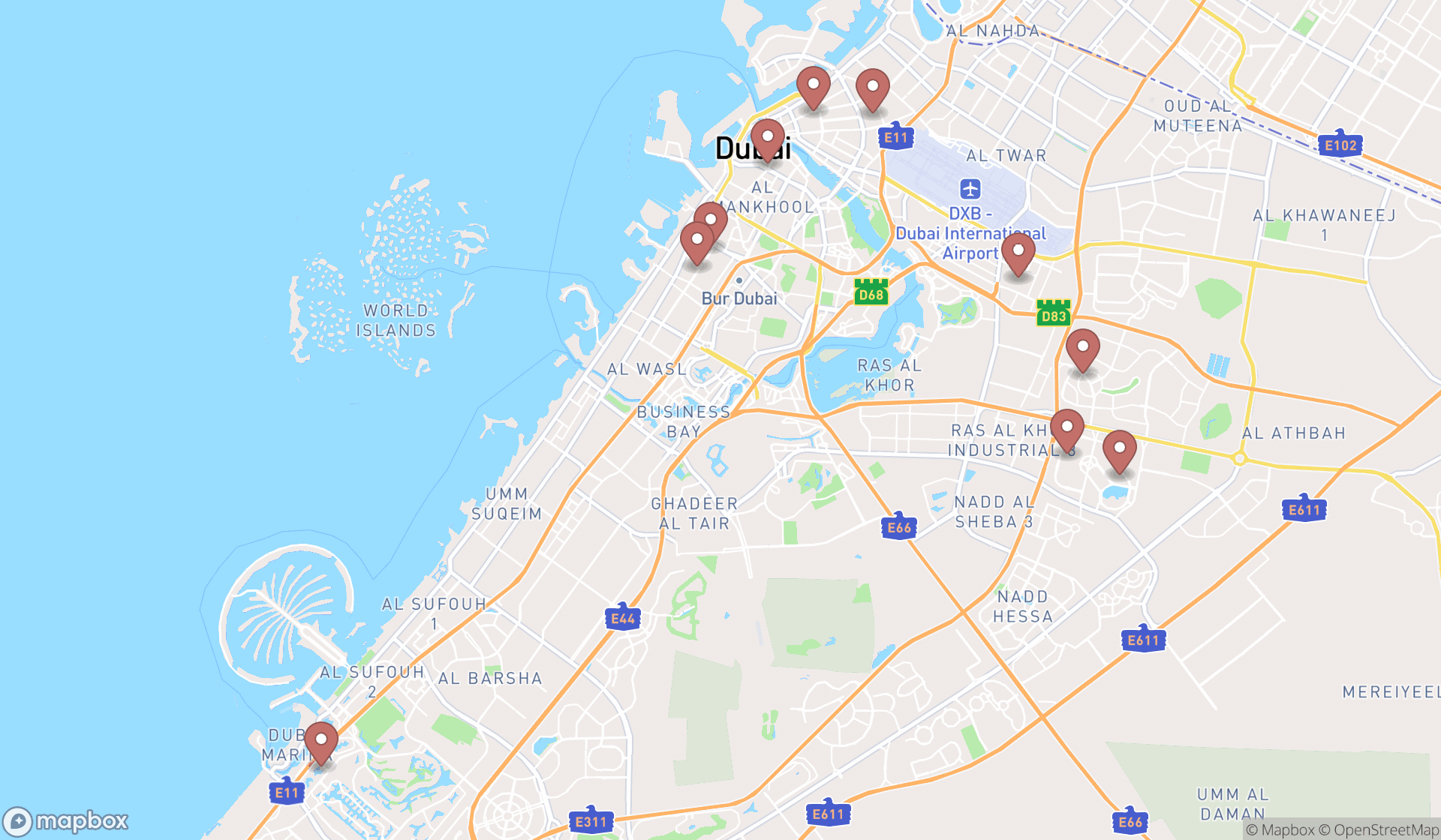 Map showing the ranked electrical repair shops in Dubai, Dubai