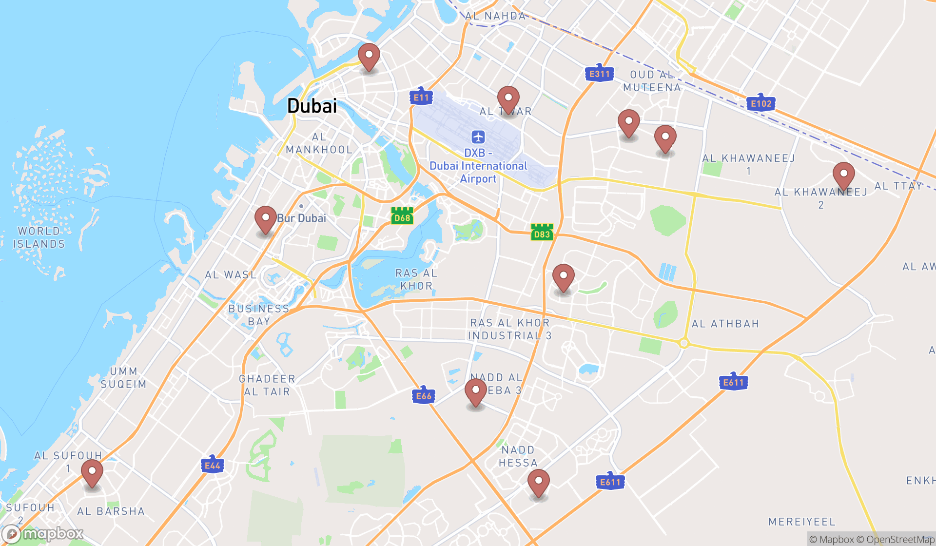 Map showing the ranked elementary schools in Dubai, Dubai