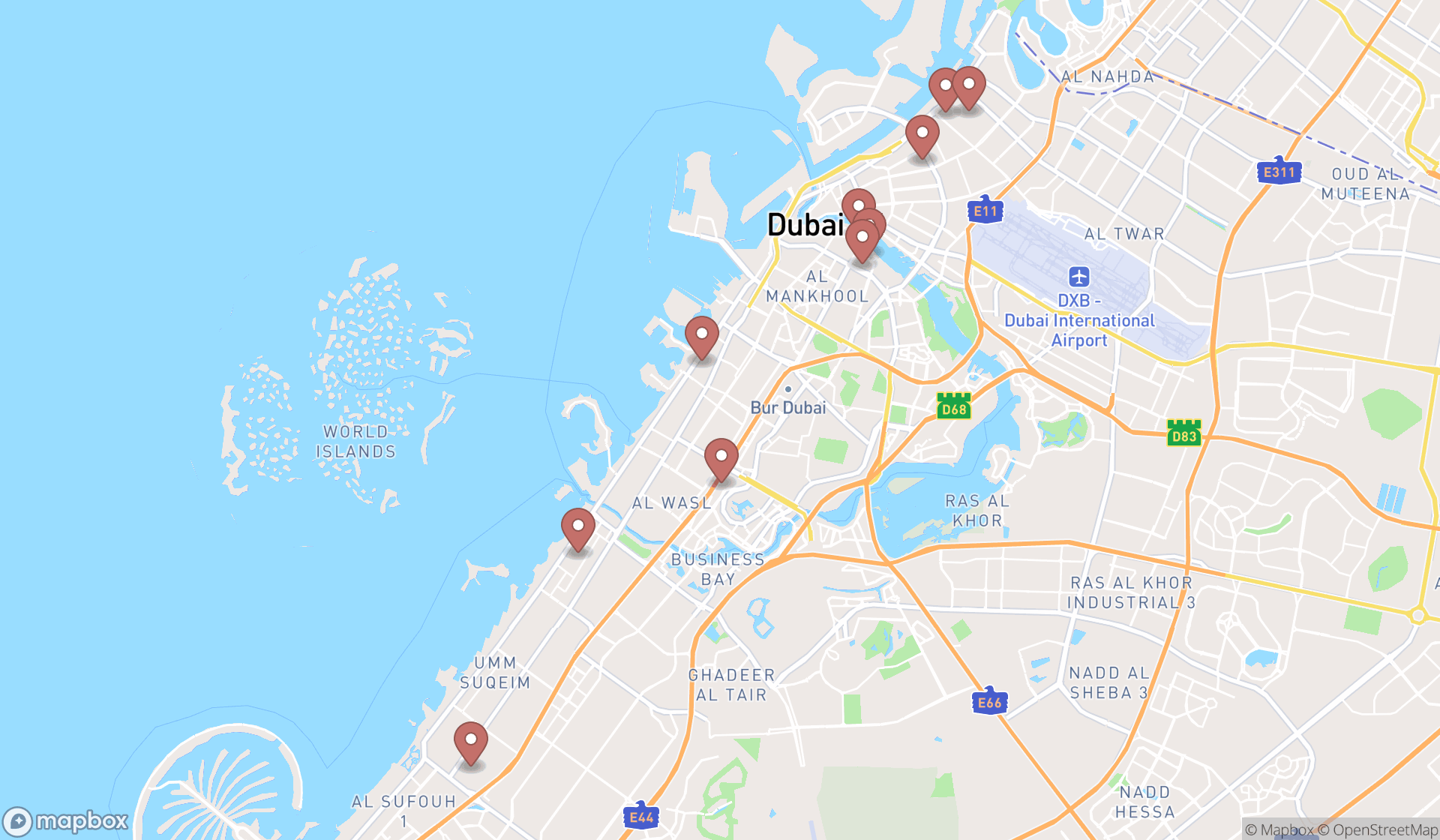Map showing the ranked embassies in Dubai, Dubai
