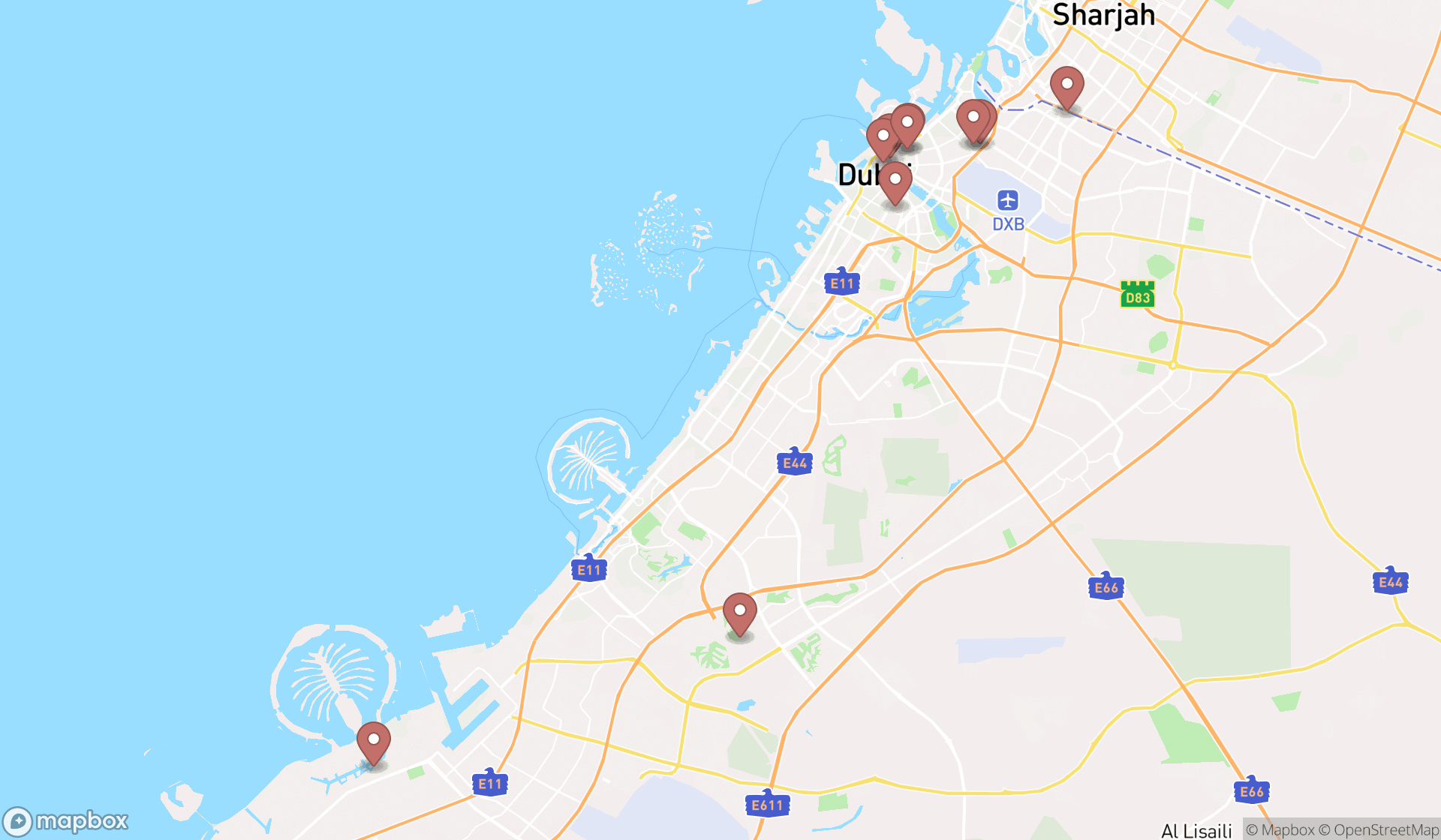 Map showing the ranked embroidery services in Dubai, Dubai