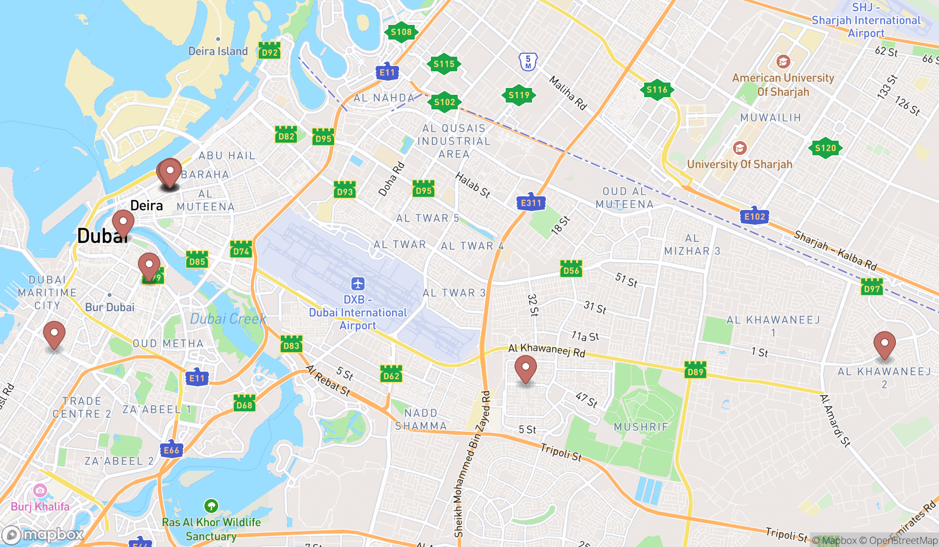 Map showing the ranked embroidery shops in Dubai, Dubai