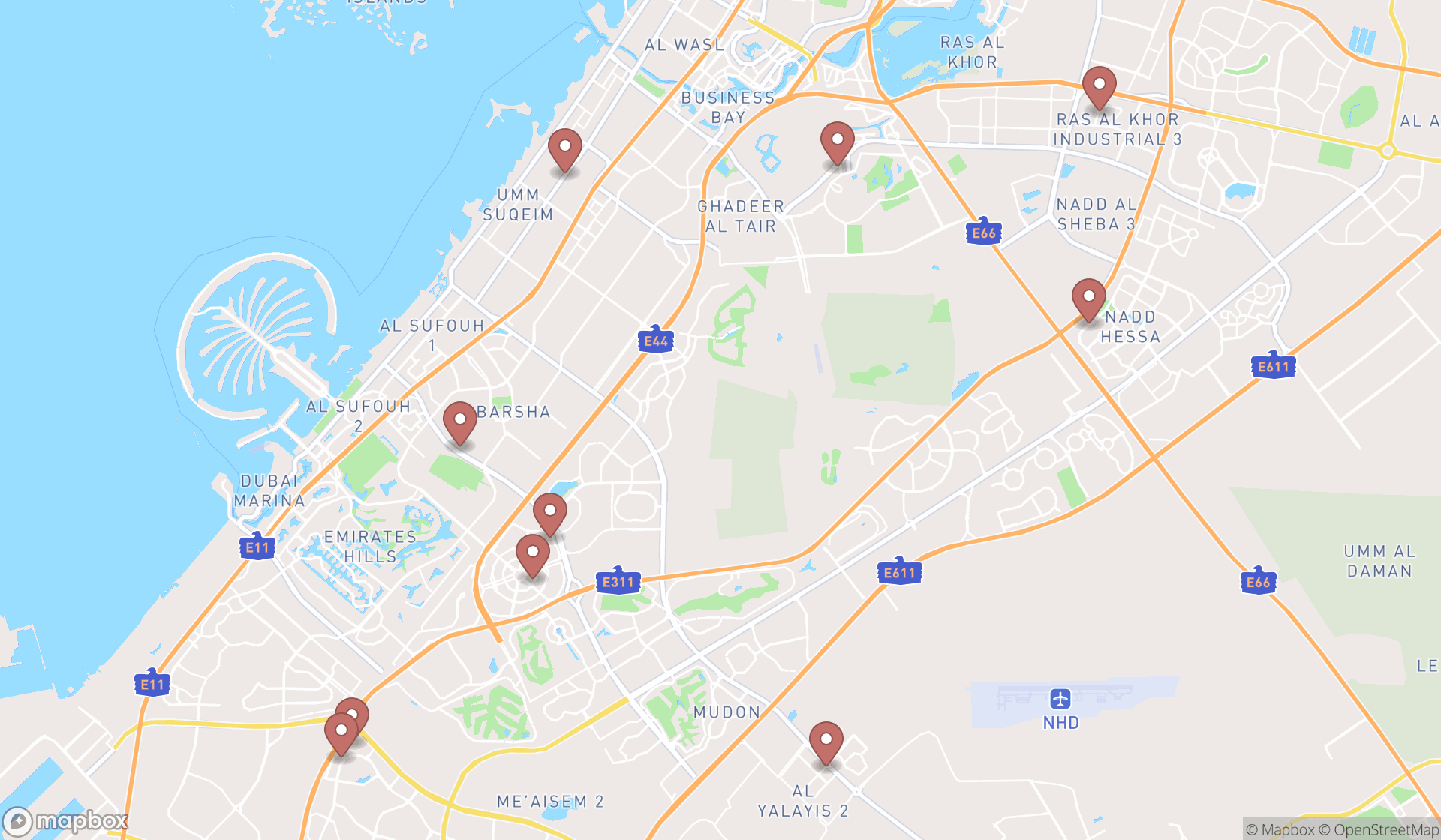 Map showing the ranked emergency veterinarian services in Dubai, Dubai