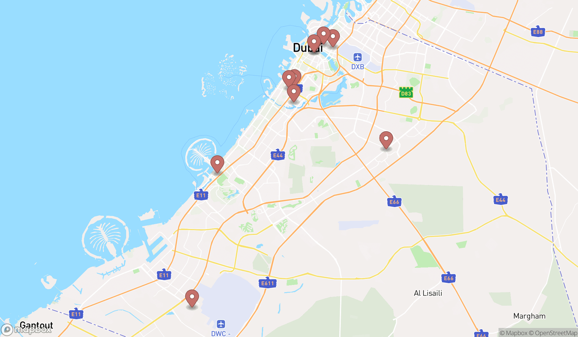 Map showing the ranked engineering schools in Dubai, Dubai