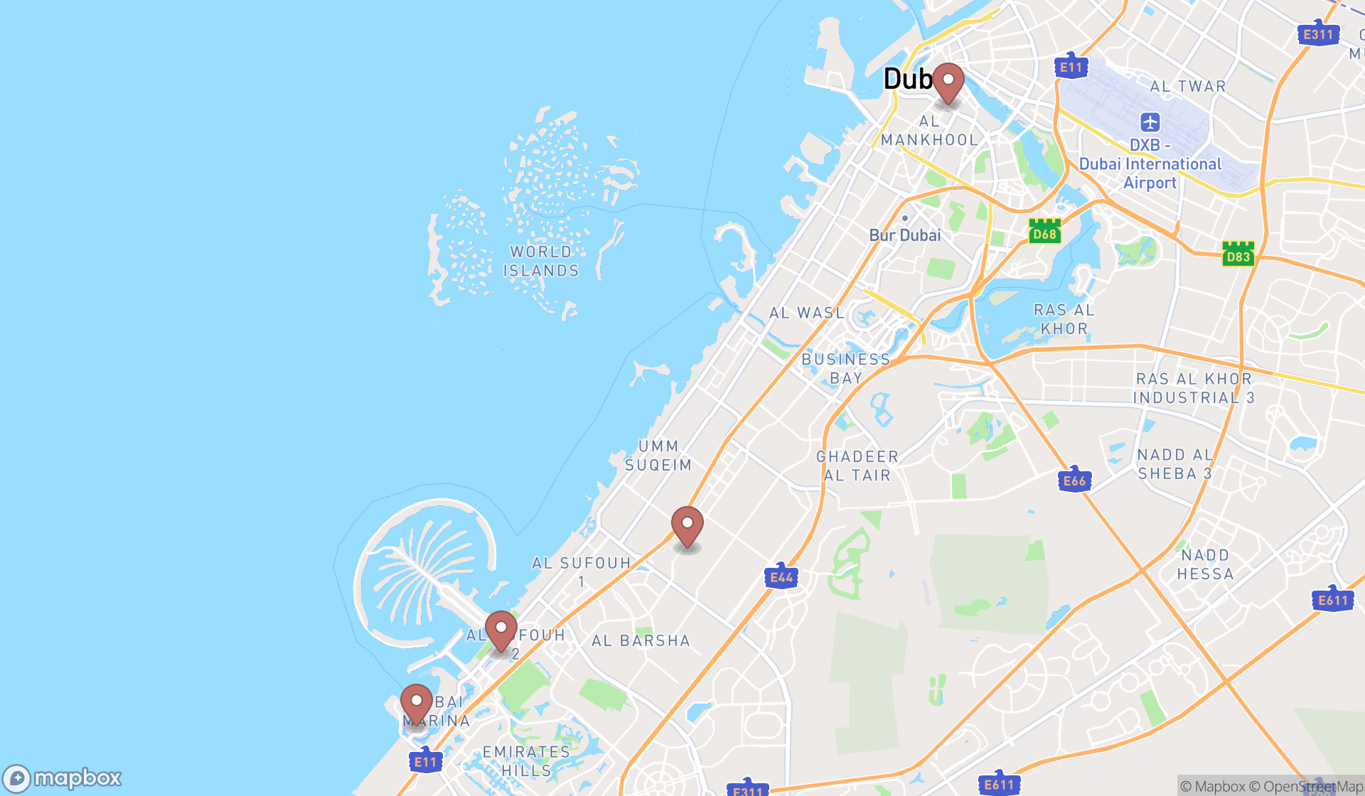 Map showing the ranked entertainments in Dubai, Dubai