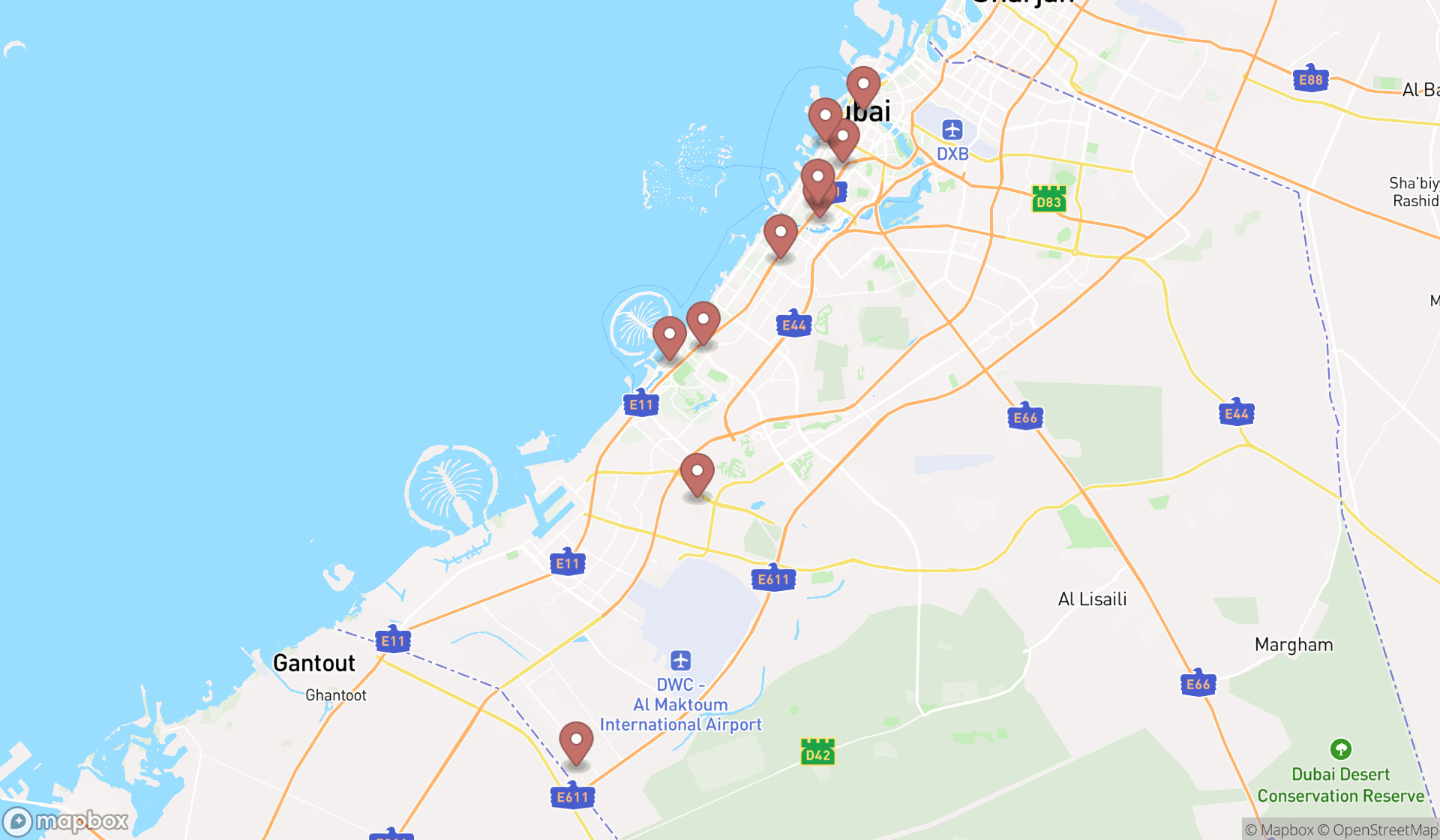 Map showing the ranked environmental organizations in Dubai, Dubai