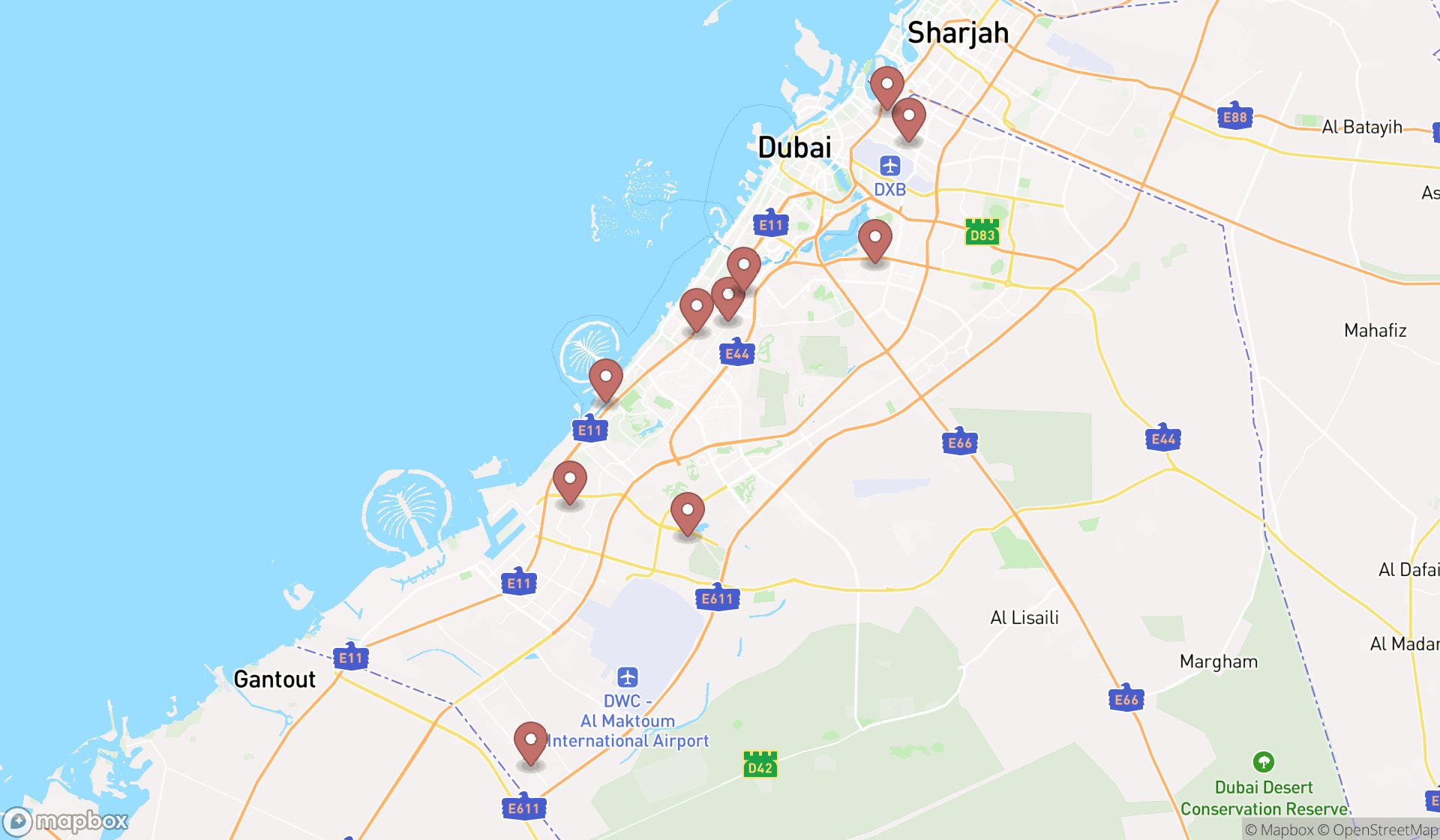 Map showing the ranked equipment rental agencies in Dubai, Dubai