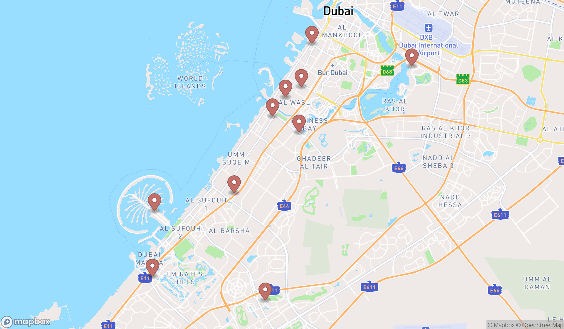 Map showing the ranked escape room centers in Dubai, Dubai