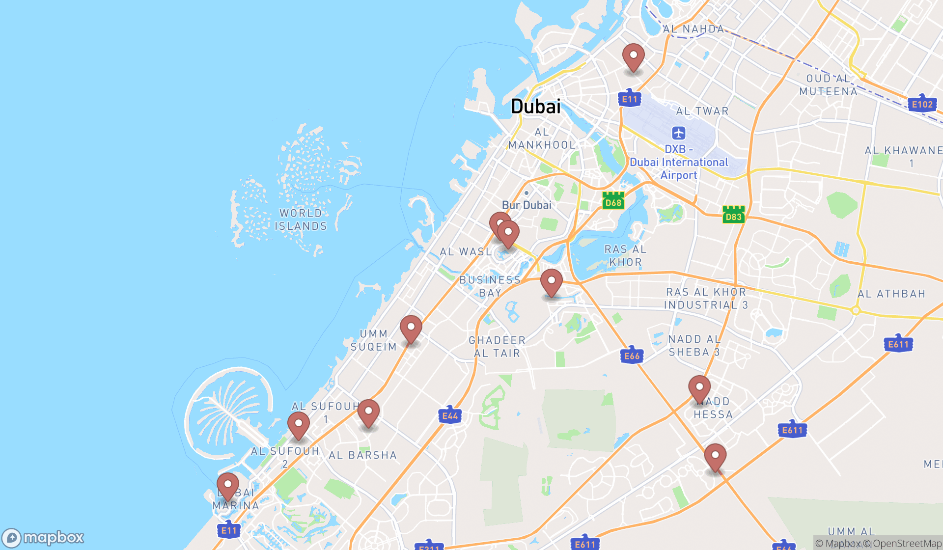 Map showing the ranked espresso bars in Dubai, Dubai
