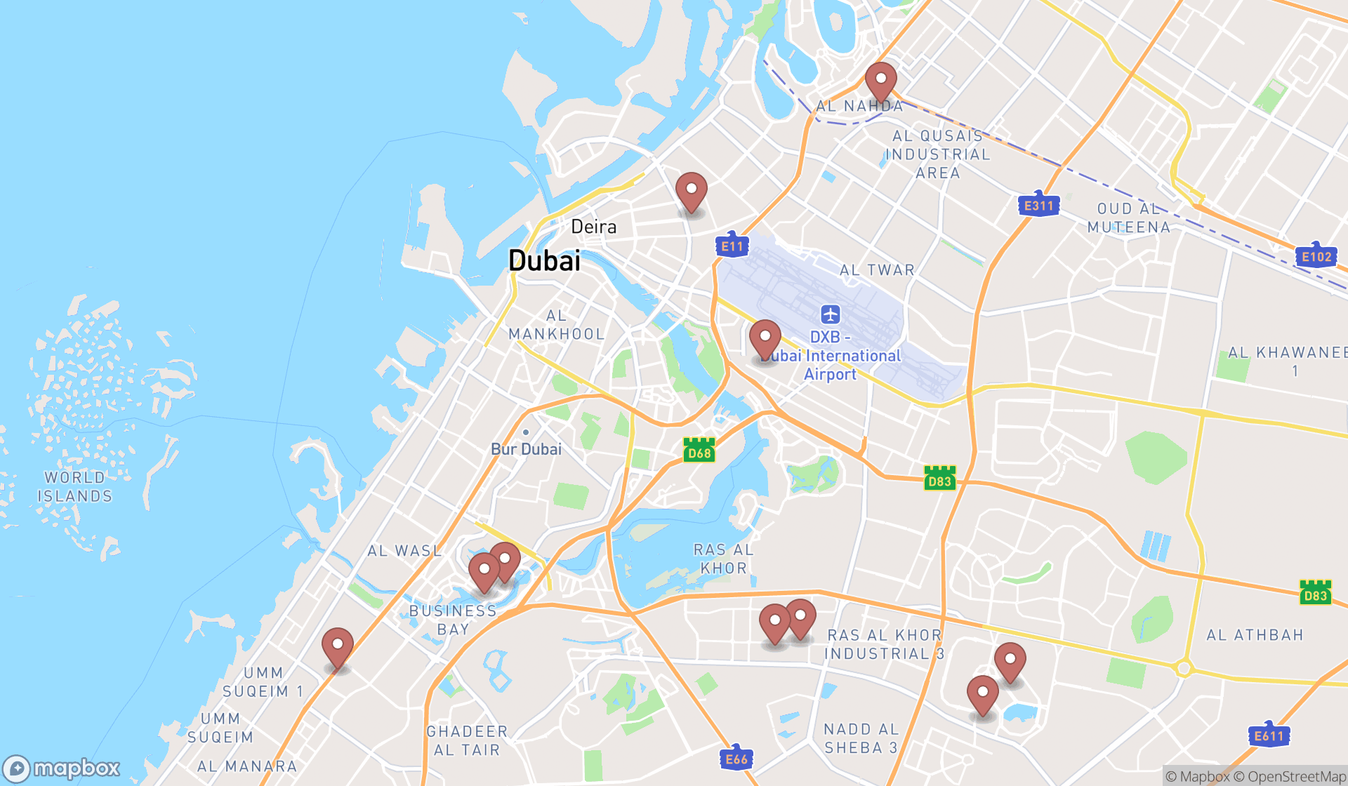 Map showing the ranked establishments in Dubai, Dubai