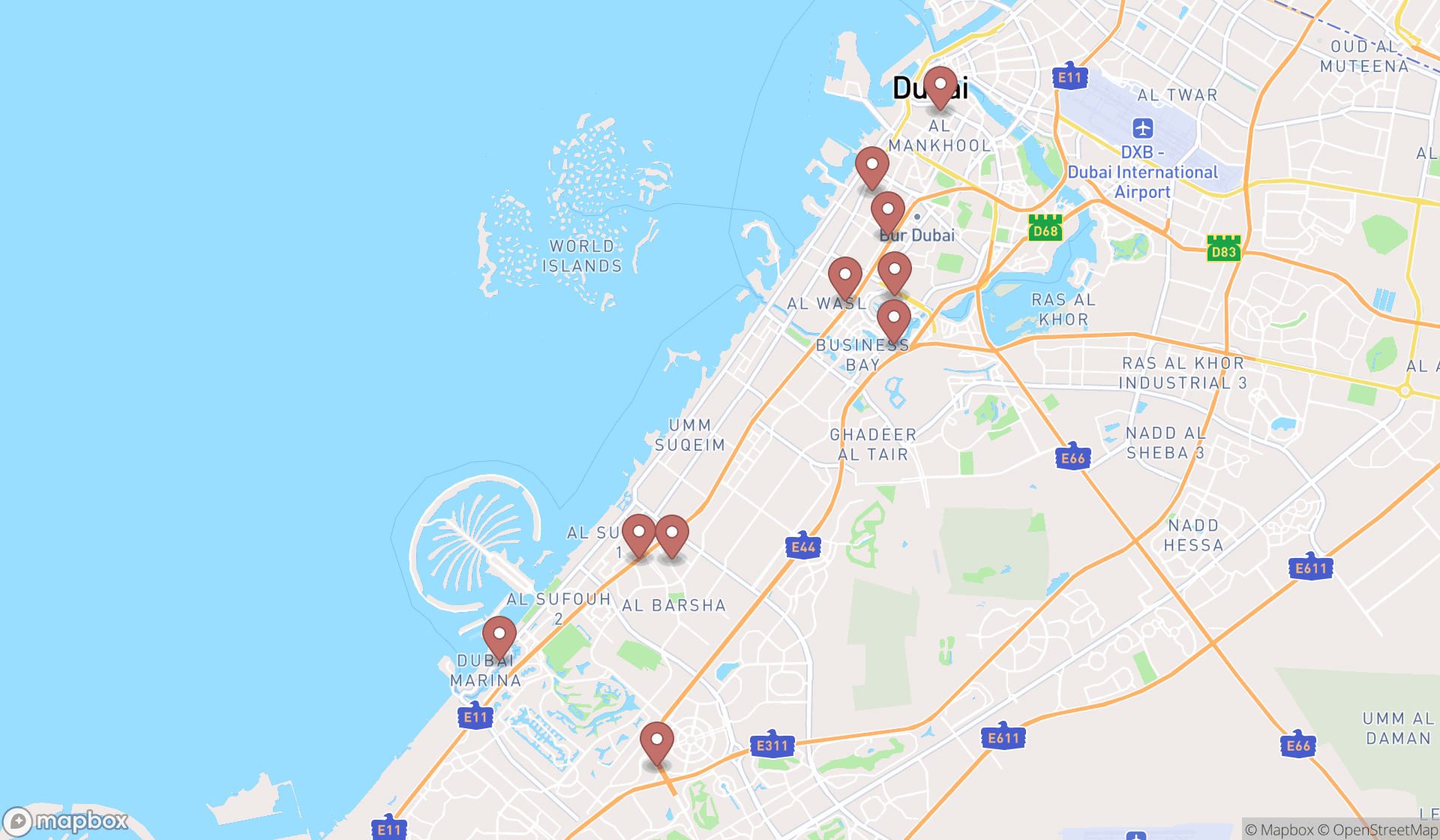 Map showing the ranked european grocery stores in Dubai, Dubai