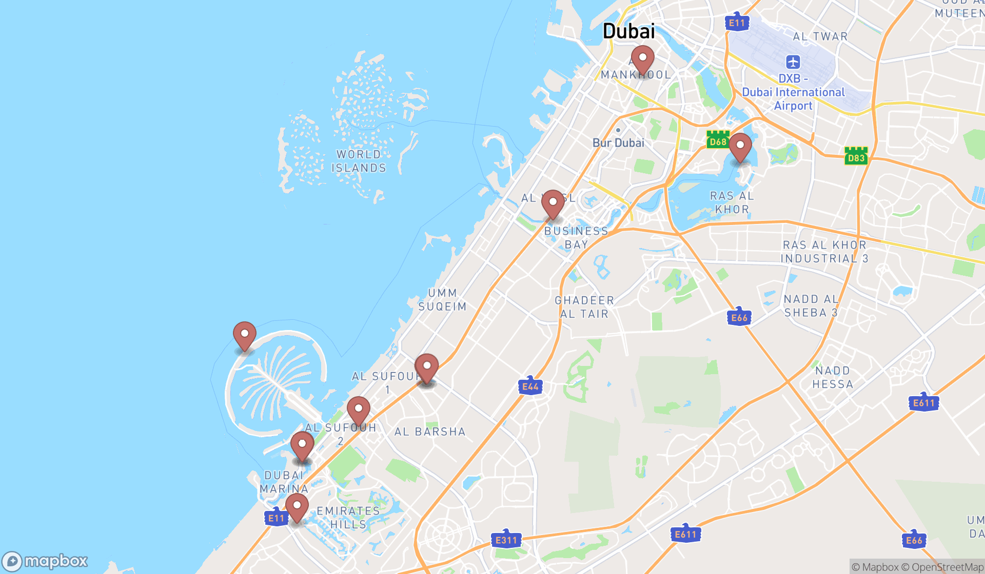 Map showing the ranked european restaurants in Dubai, Dubai