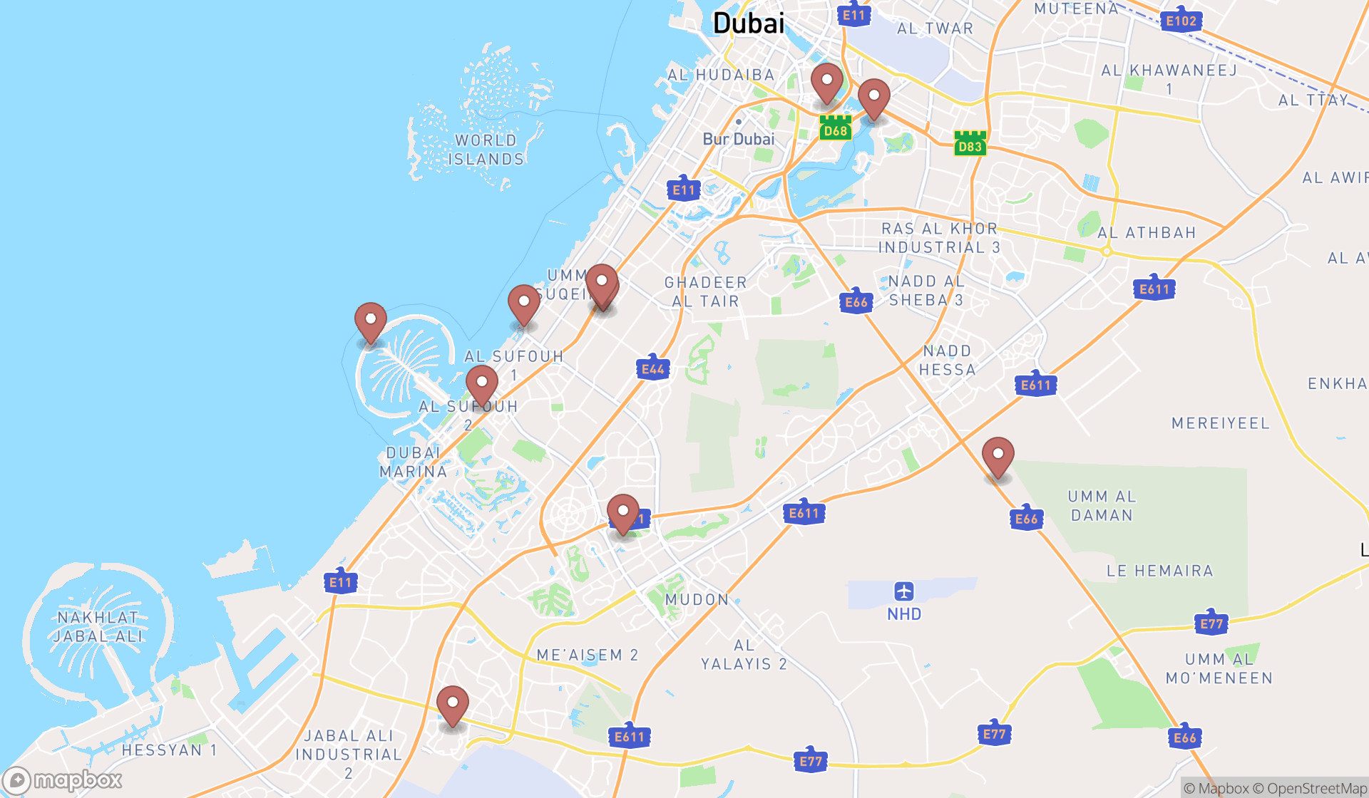 Map showing the ranked event venues in Dubai, Dubai