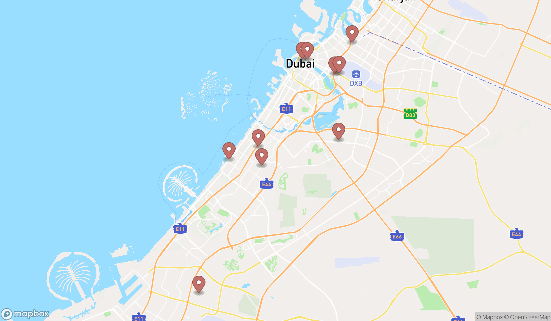 Map showing the ranked exercise equipment stores in Dubai, Dubai