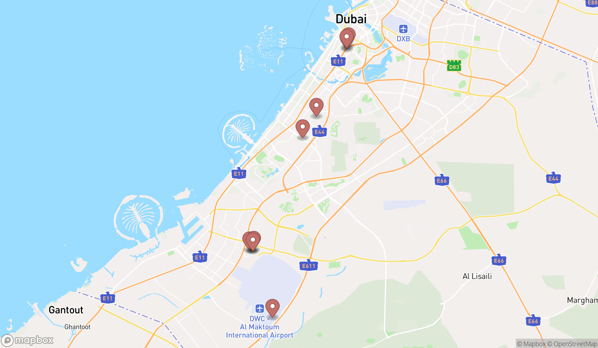 Map showing the ranked exhibition and trade centers in Dubai, Dubai