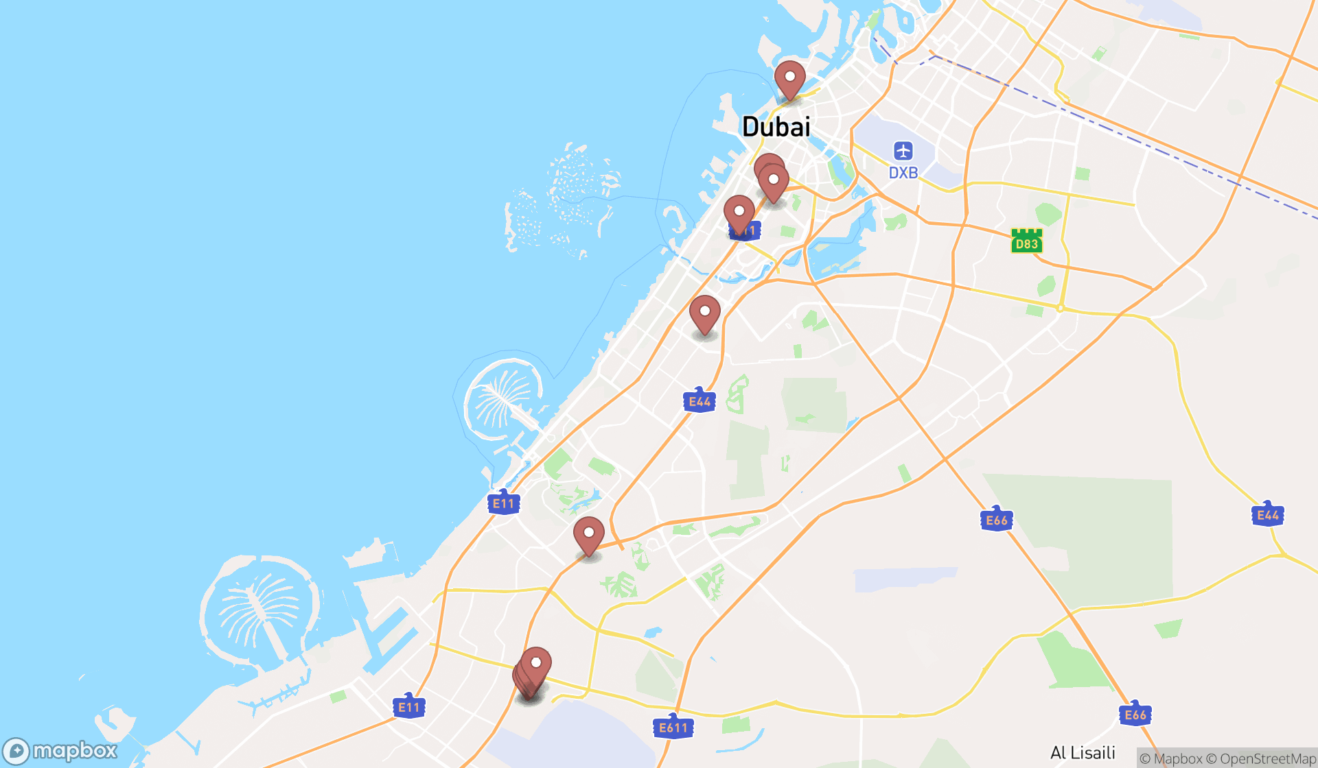 Map showing the ranked exhibition and trade centres in Dubai, Dubai