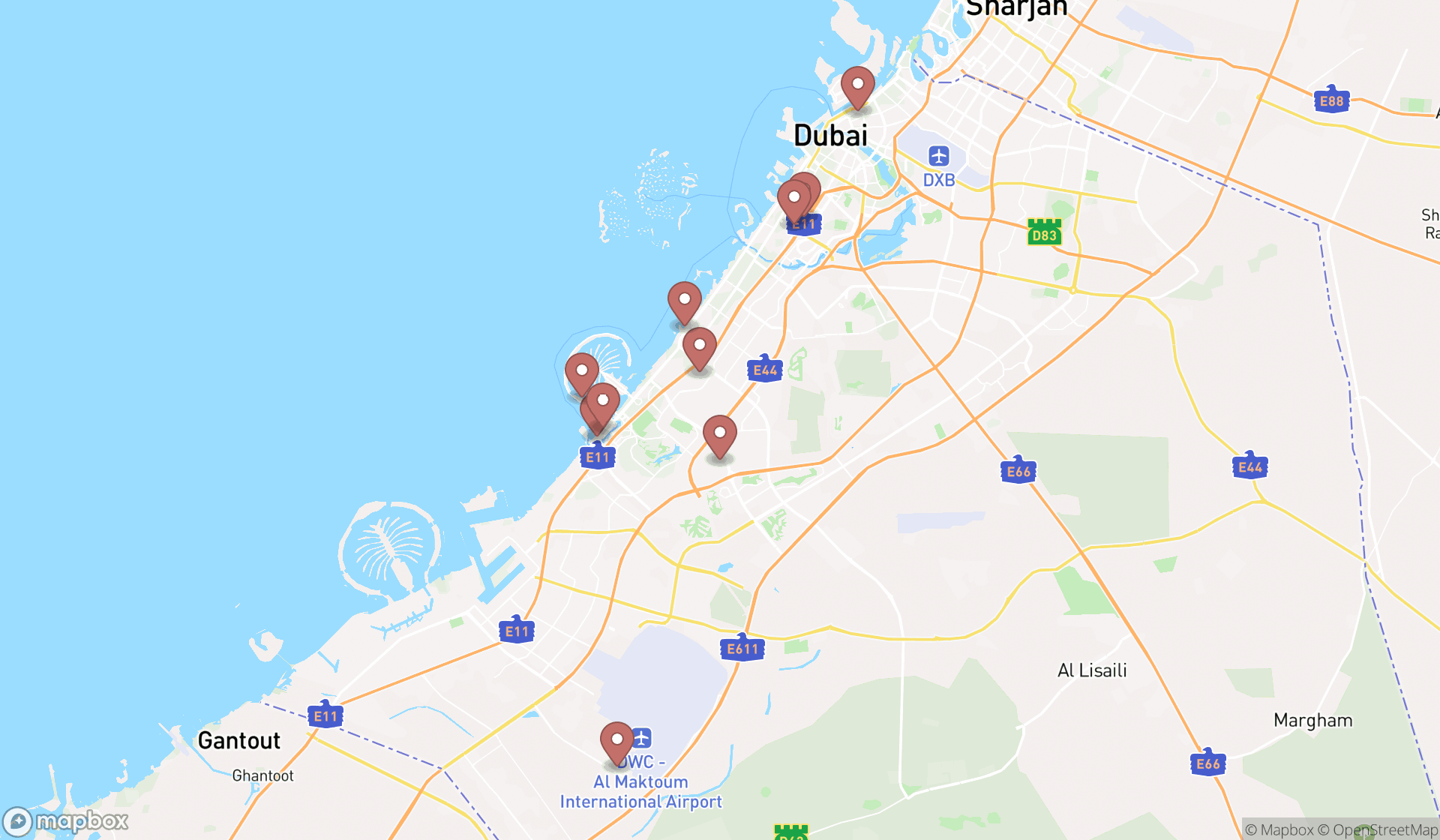 Map showing the ranked extended stay hotels in Dubai, Dubai
